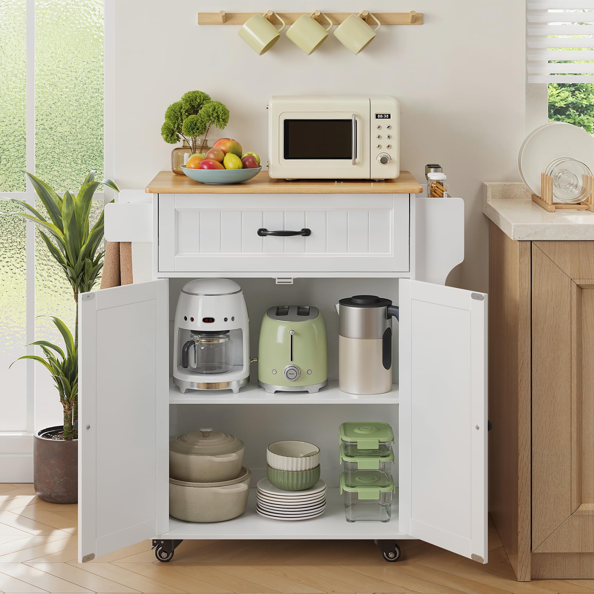 Bealife Carrello da Cucina, Mobile Cucina,con Ruote e Piano di Lavoro，Carrello di Servizio con 2 Ante e 1 Cassetto, Carrello Salvaspazio per Cucina e Soggiorno (Bianco)