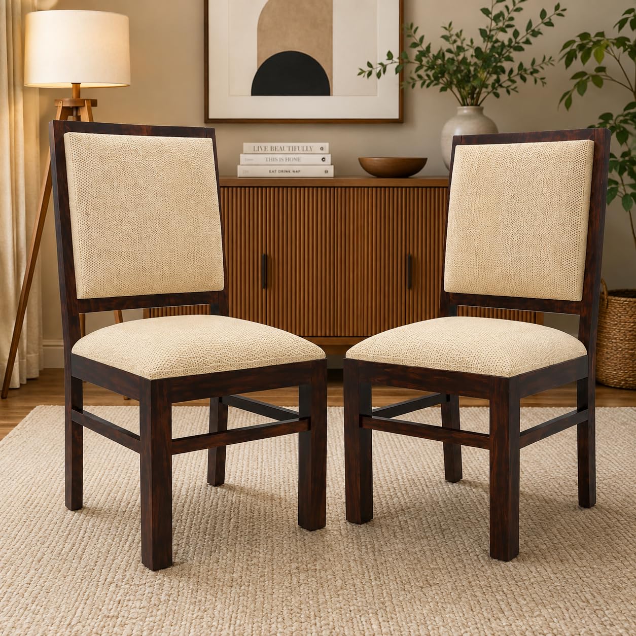 HANDWOOD FURNITURE Modern Home Furniture | Solid Wood Set of 2 Dining | Study Chair | Home & Office Furniture |Walnut Finish with Cream Cushions | Pre Assembled (Ready to Use)-image-15