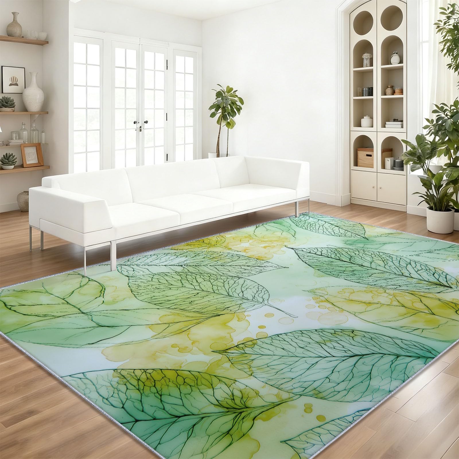 Tapis de salon vert clair 160x220cm lavable à poils courts motif feuilles