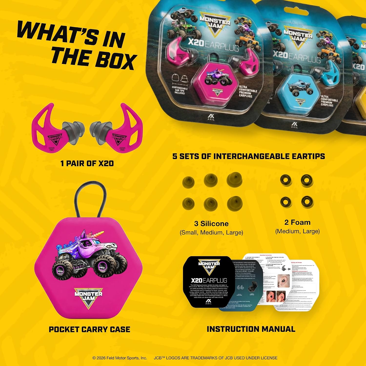 AXIL Monster JAM X20 Earplugs - X20 JCB Digatron - for Concerts, Work, Sleep - Dual Noise Ear Protection, Reusable, Custom Fit Ear Plugs for Noise Reduction, Water & Sweat Resistant