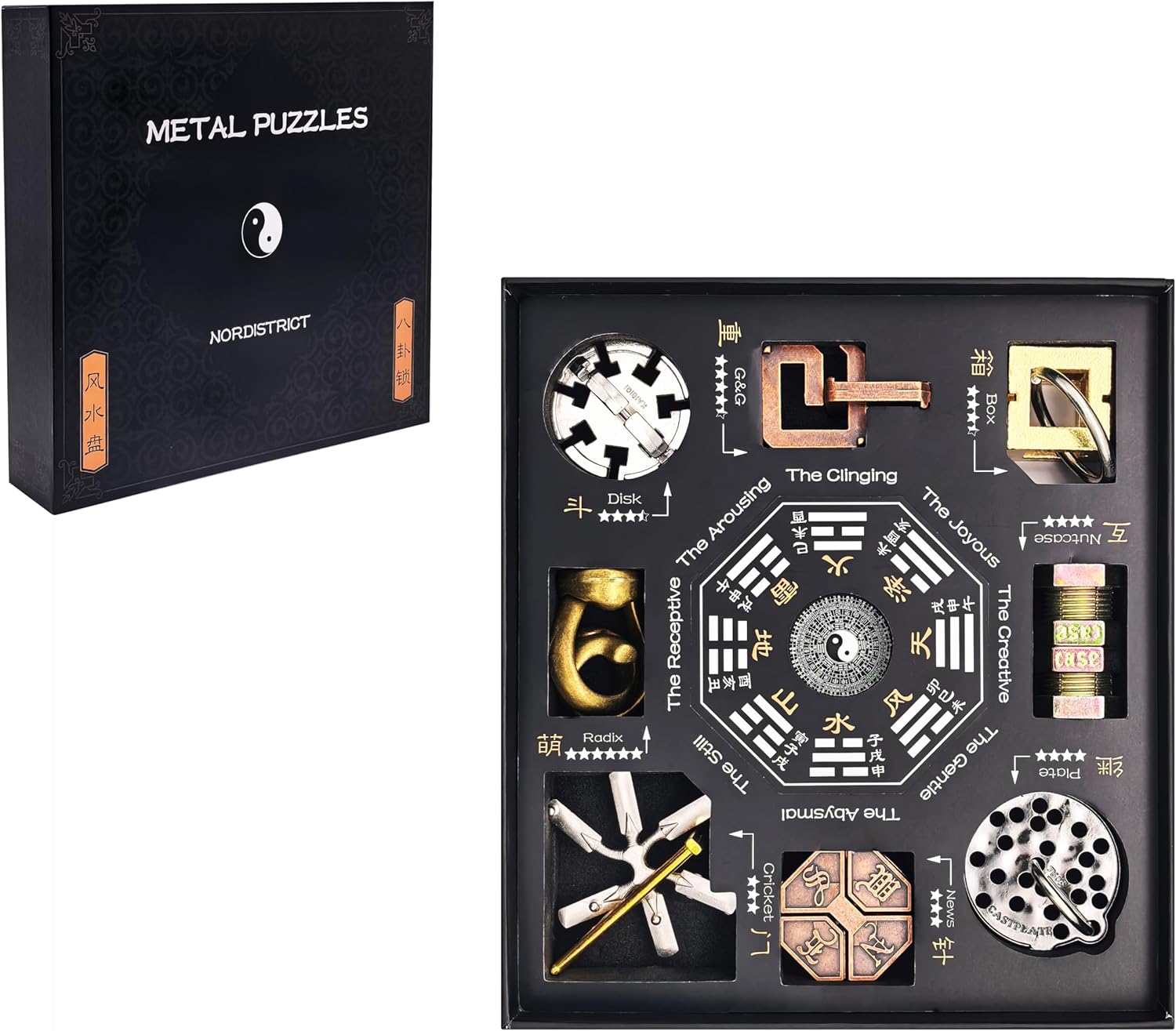 Bagua Metal Puzzles Set with Feng Shui Compass, 8+1 Alloy Brain Teasers, Traditional Chinese Intellectual Puzzle Toys for Adults, Stress Relief Fidget Desk Toy & Gift for Puzzle Lovers