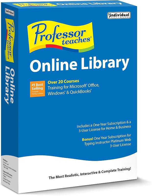 Profesor de software individual enseña la biblioteca en línea V.1 (3 usuarios): capacitación para aplicaciones de Office 2019 y 2016, tutoriales de Windows 10, QuickBooks 2021 y 2020 y más.