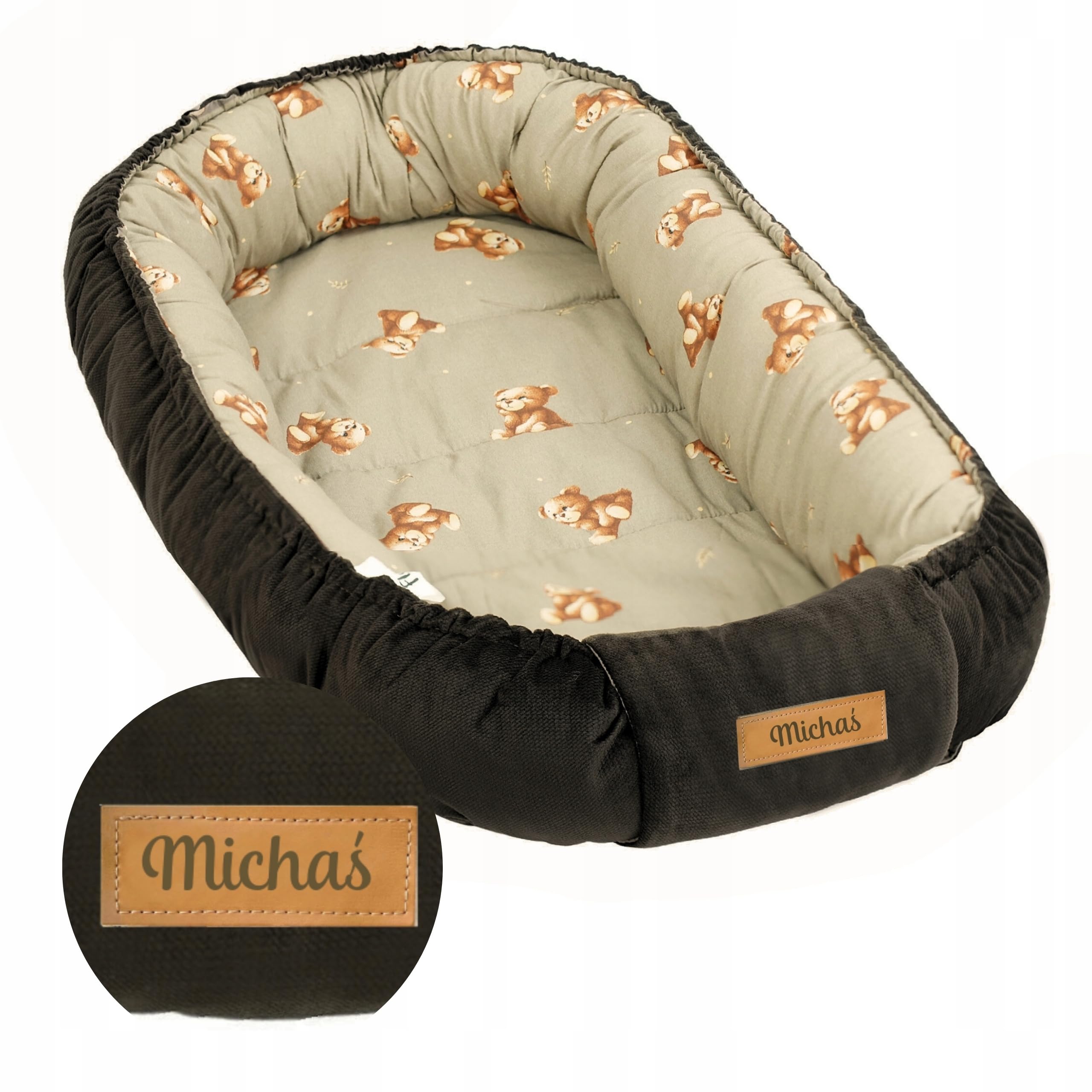 Baby Nest Pod for Newborn, Reversible Baby Lounger 0–12 Months, Cotton & Velvet Infant Nest, Baby Essentials, Personalised Baby Gift (Chocolate + Teddies)