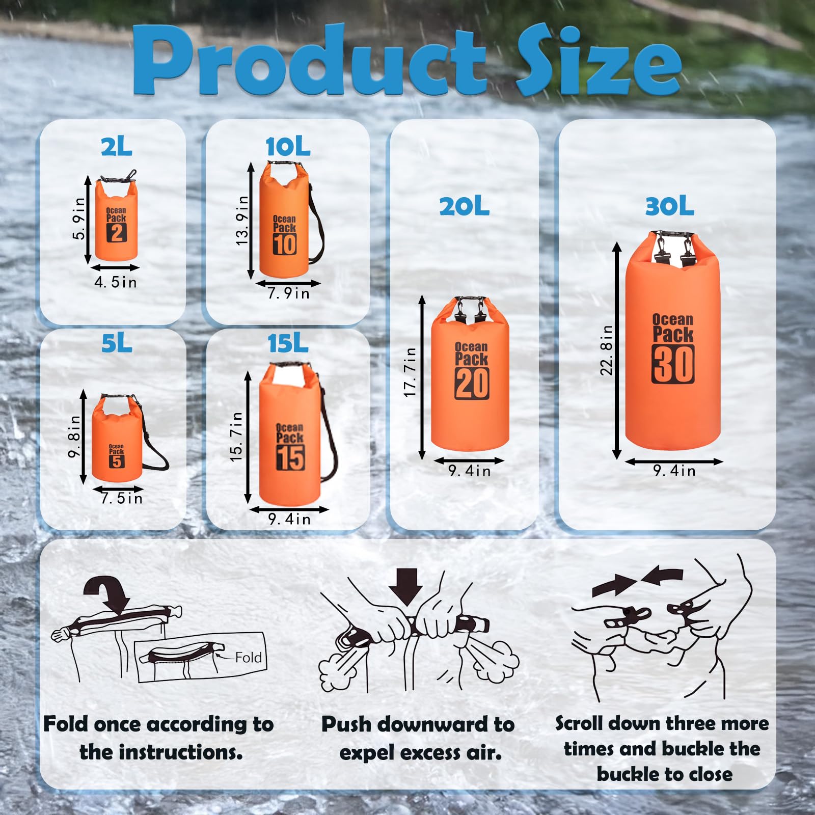 Dry Bag 5L wasserdichte Tasche, Orange Dry Bag 2L/5L/10L/15L/20L/25L/30L mit Verstellbarem Gurt, Schützt Telefon/Karte, Roll Top Wasserdichter Beutel Rucksack für Schwimmen/Rafting/Bootfahren