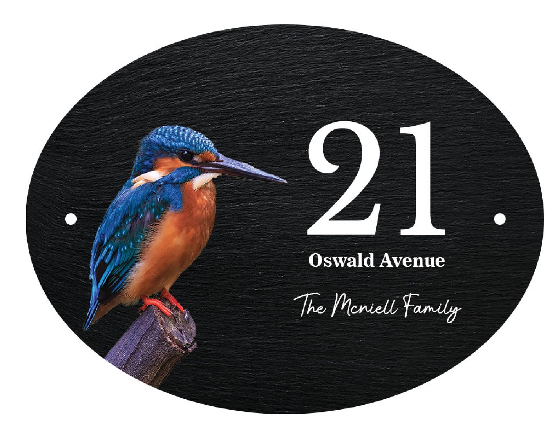Personalised Oval Slate House Sign Door/Name Plate Robin Kingfisher Owl Blue Bird Squirrel (UV PRINTED) (Kingfisher)