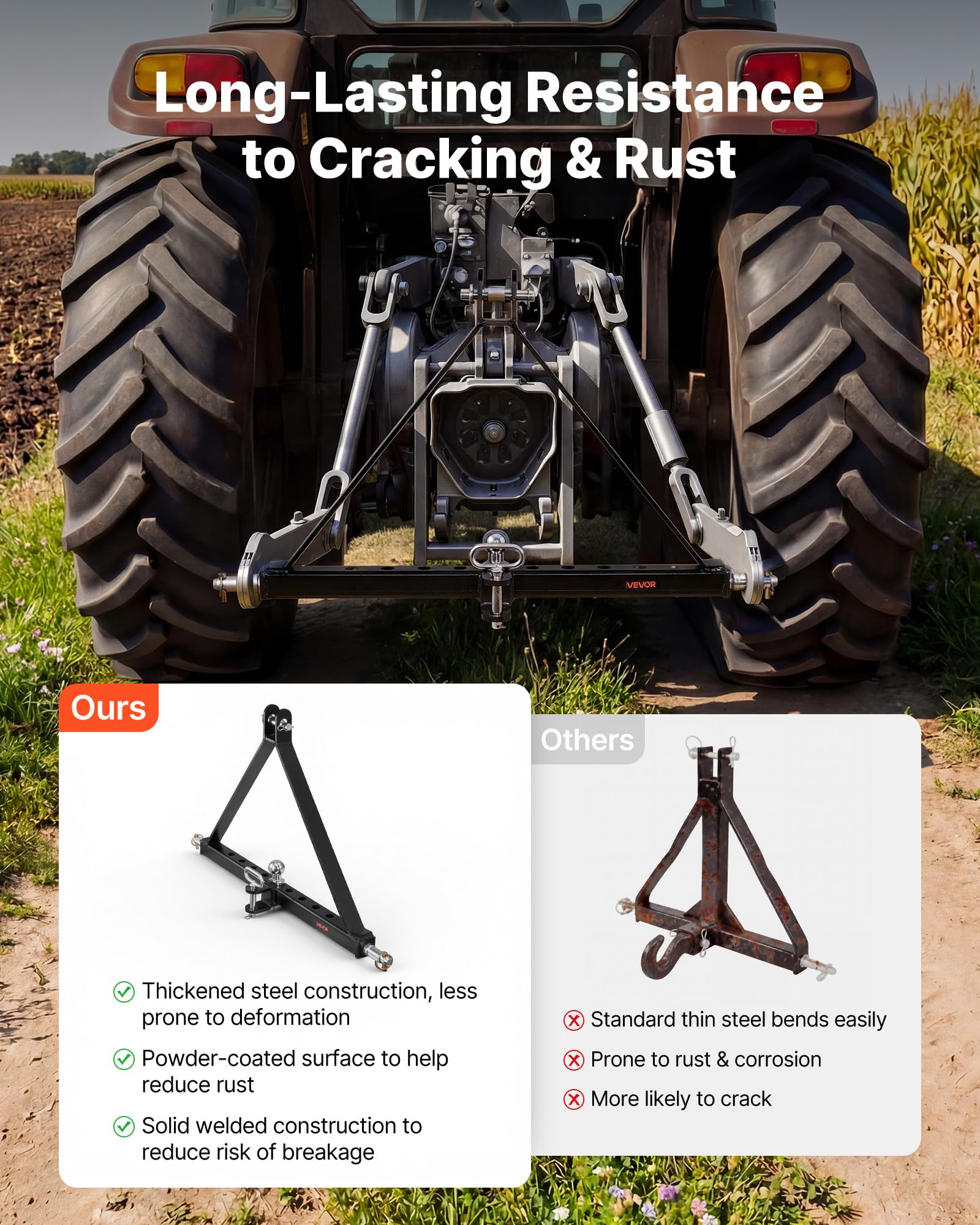 VEVOR Enganche de Remolque de 3 Puntos, Adaptador de Acoplamiento con Enganche de Cabeza Esférica, Compatible con Tractores de Categoría 2 de Kubota Mahindra Ford Yanmar John Deere Massey Ferguson