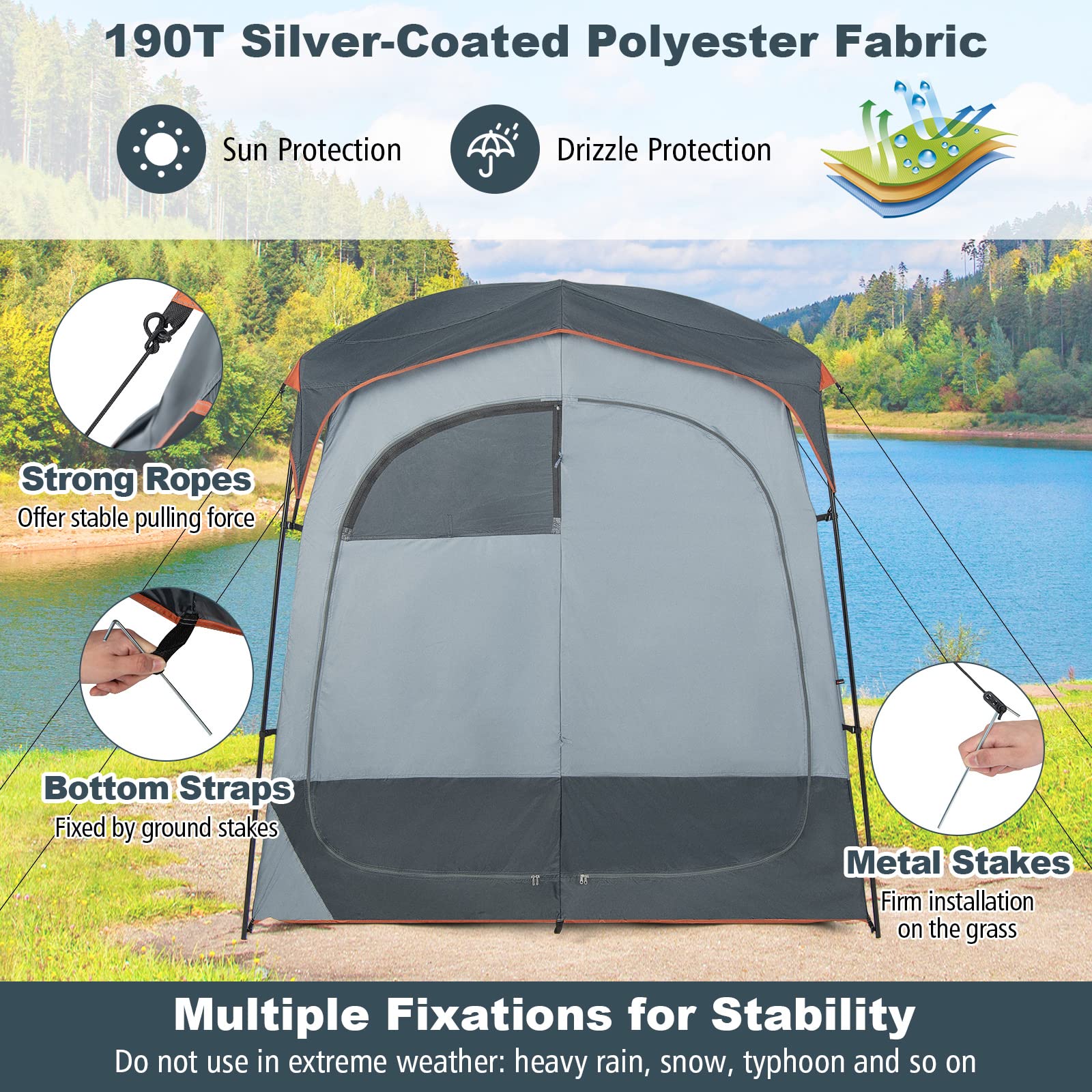 GOPLUS Tienda de Ducha para 2 Personas, Tienda de Camping de Vestuario Portátil con Ventanas, Puerta de Cremallera, Cubierta de Lluvia, Bolsa de Transporte, Refugio de Baño