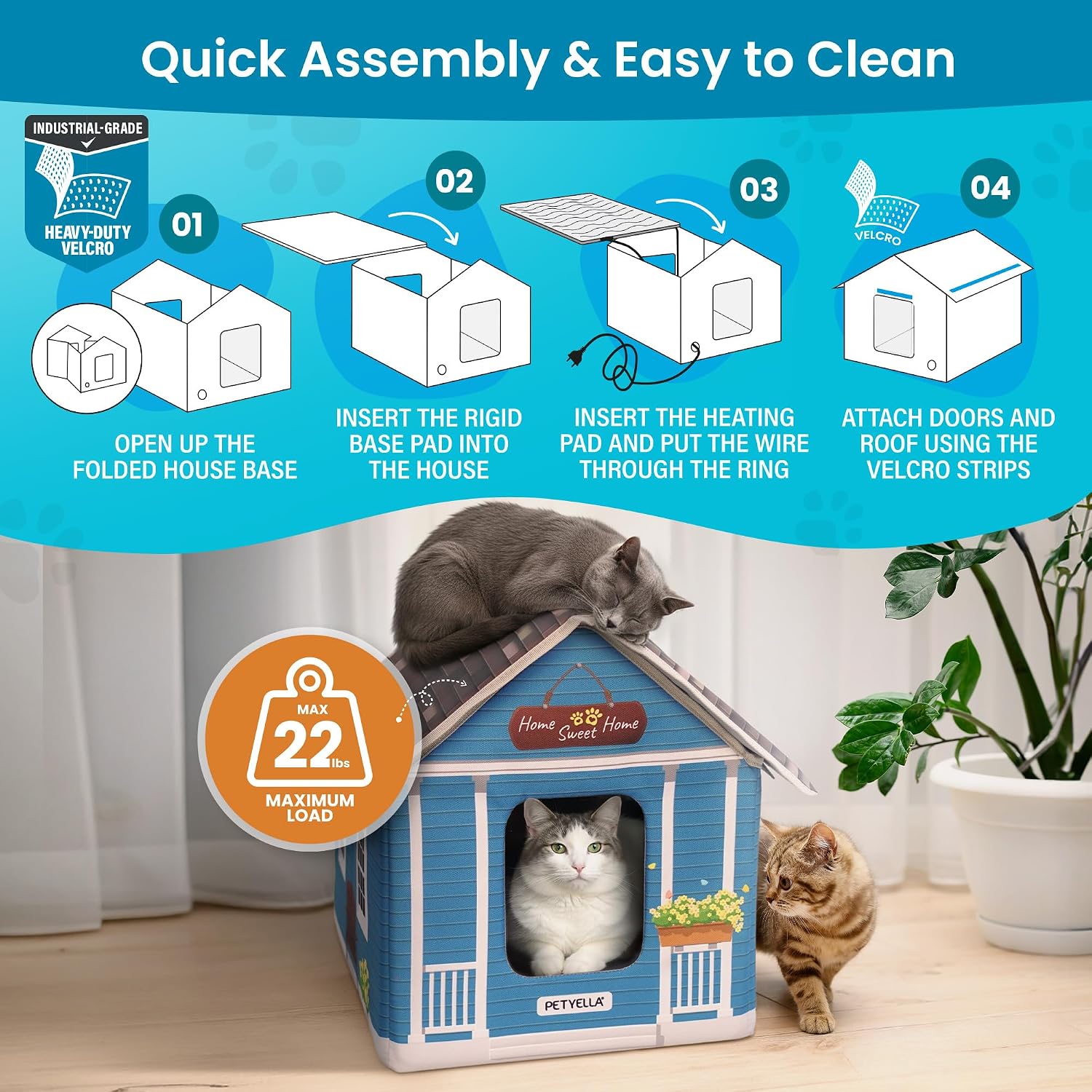 Deluxe Heated Cat House for Winter - Weatherproof, Insulated, Easy Assembly, Cat Heating Pad, Dual Escape Doors, Outdoor & Indoor Cat House - Blue Tiles Pethouse image 2