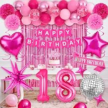 18th Pink Birthday Decorations for Girls & Women, Hot Pink Balloons Party Packs, Happy 18 Birthday Decorations with Number Balloons, Paper Pompoms, Fringe Curtain for 18 Years Old Party Supplies