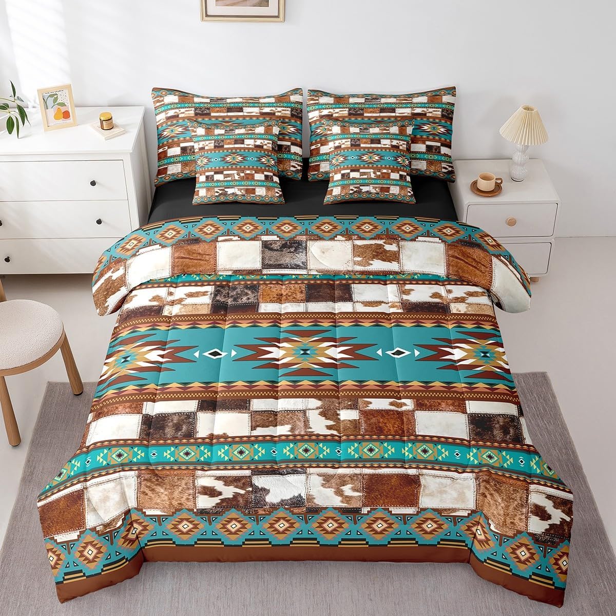 Feelyou Boho Comforter Set with Sheets Queen Size Southwest Native American Design Bed in a Bag Southwestern Geometric 7 Pieces Bedding Set Tribal Bed Set Room Decor Brown Blue