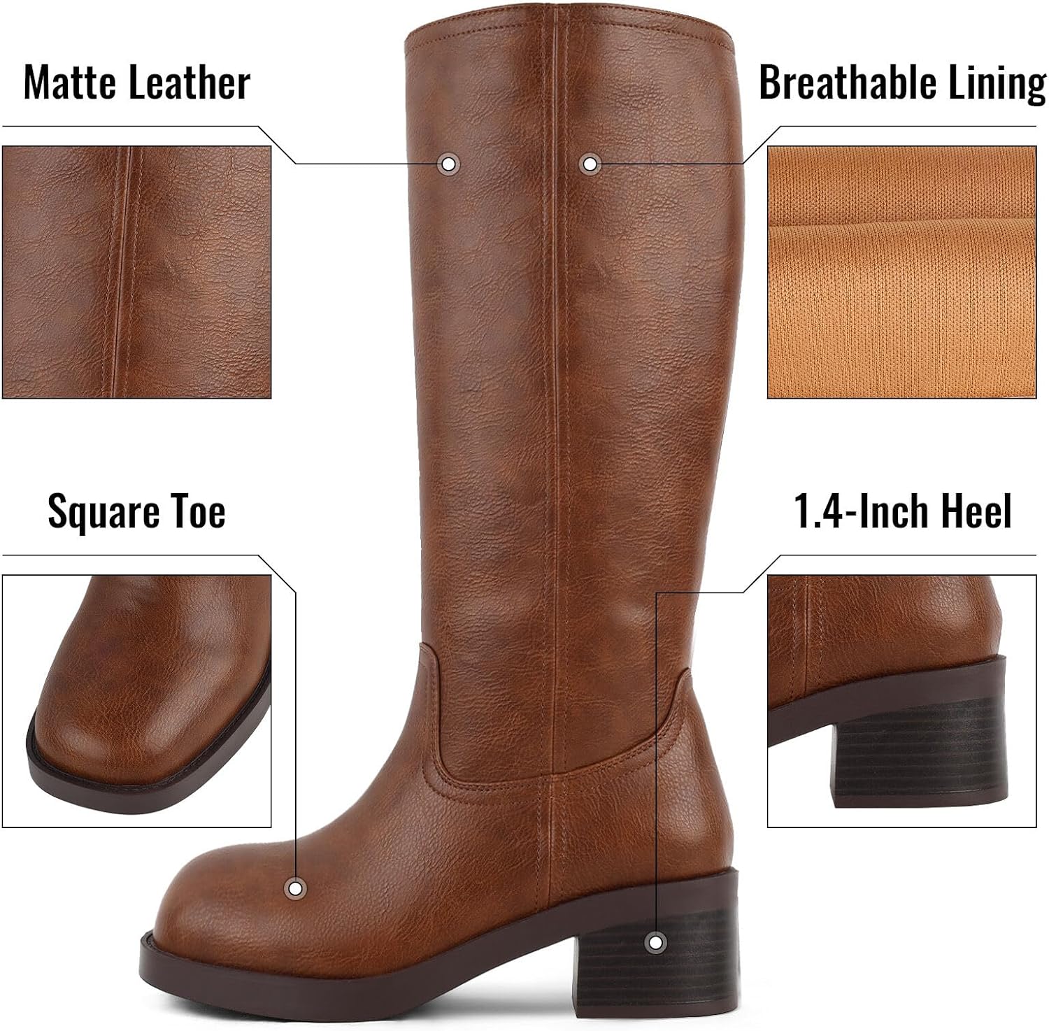 FancyQueen Knee High Boots for Women Banana Campus Square Toe Fall Boots | 1.5" Chunky Low Block Heel with Platform, Pull-On, Durable Leather, Knee-High – Comfort for Campus, Daily Outfits & Travel