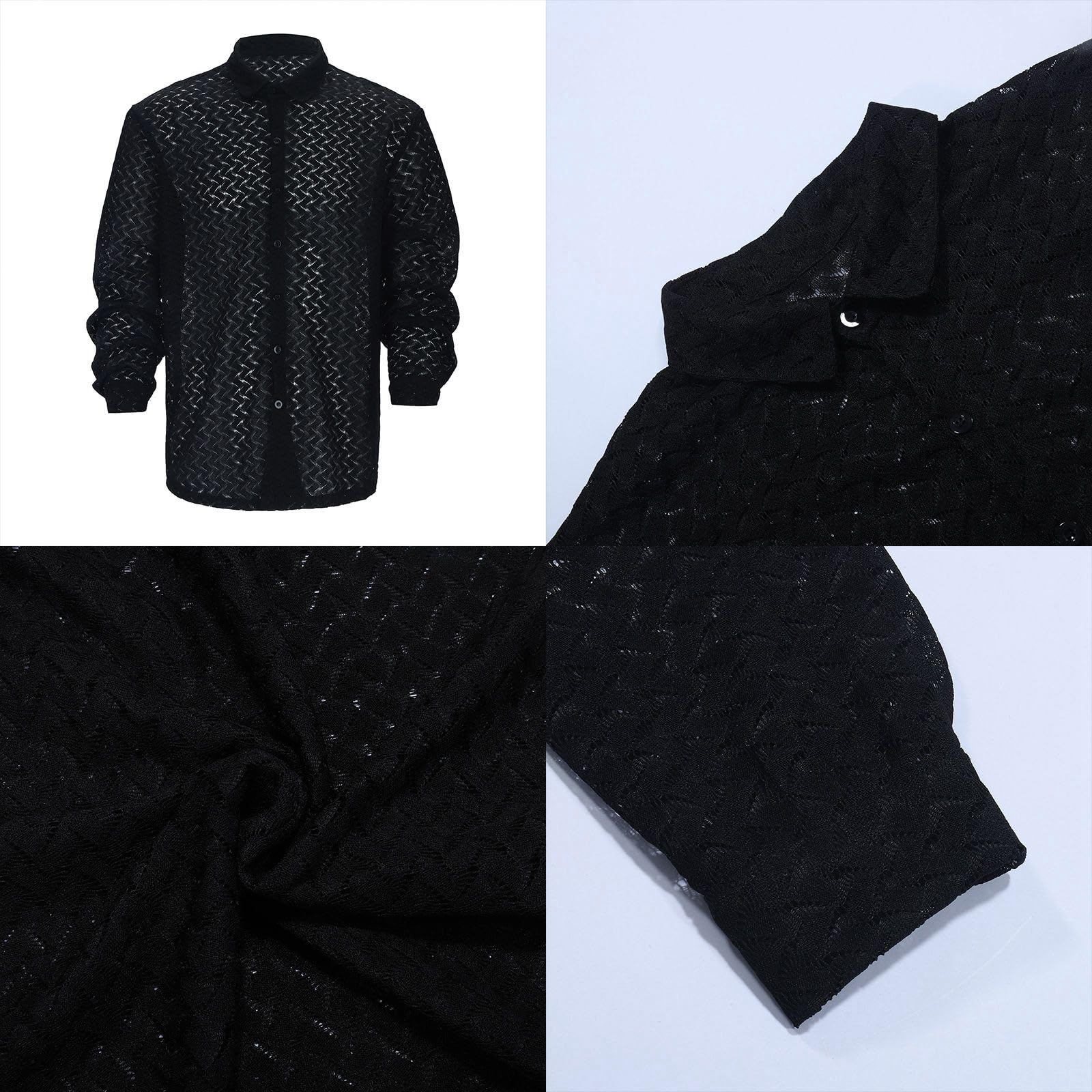 Chemise en maille transparente à fleurs pour homme - Chemise en maille filet sexy boutonnée - Chemise à manches longues - Chemise en maille - Clubwear - Lingerie sexy pour homme