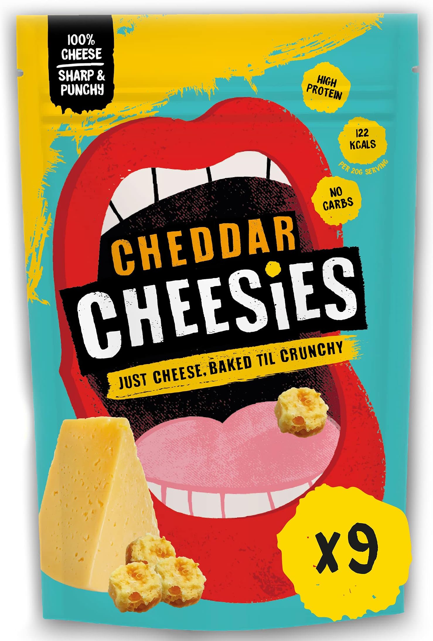 CHEESIES | Crunchy Cheese Keto Snack | Cheddar | 100% Cheese | Sugar Free, Gluten Free, No Carb | High Protein and Vegetarian | Crunchy, Baked and Tasty | Multipack | 9 x 60g Bags