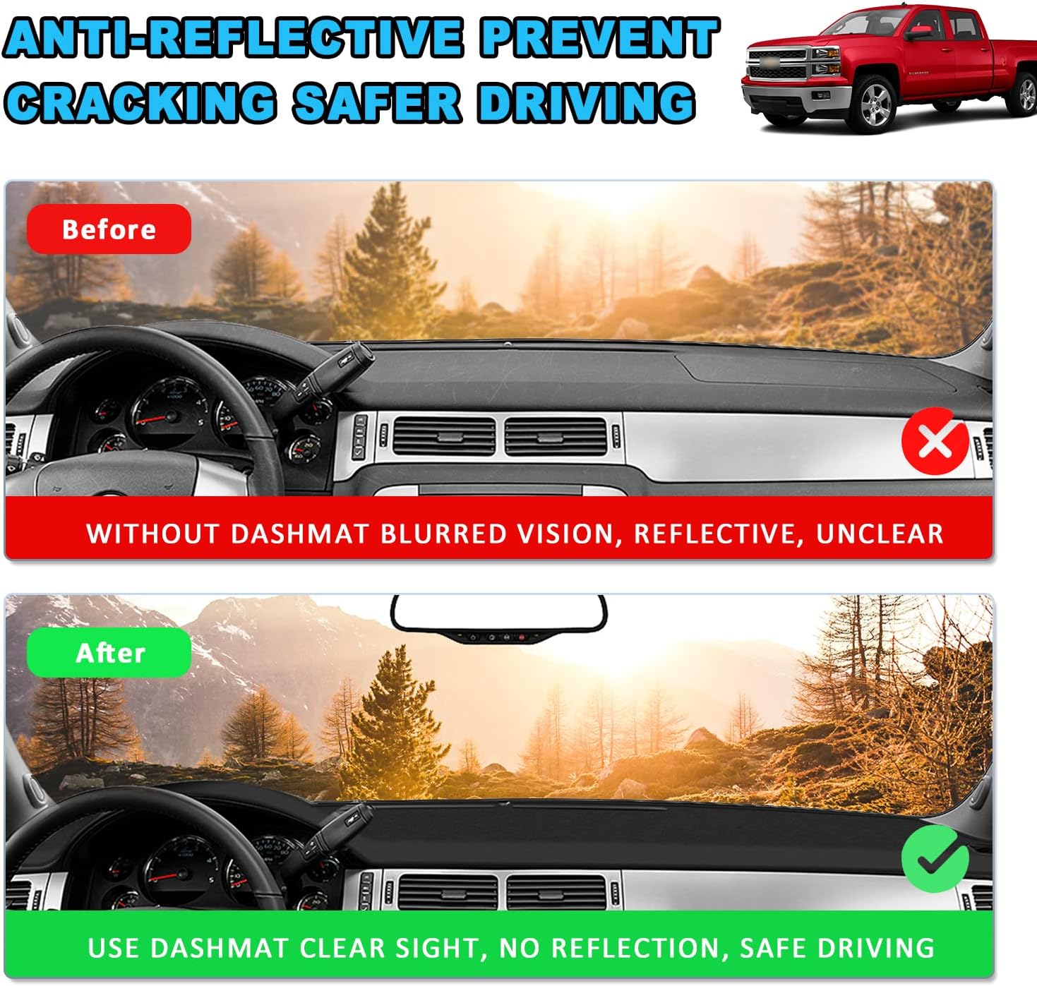 POSAID Dashboard Dash Cover Mat for 2007-2013 Chevy Avalanche Silverado 1500 LTZ, 2007-2014 Chevy Chevrolet Tahoe Suburban, 07-14 GMC Yukon Interior Dash Protecter Cover Mat, Black