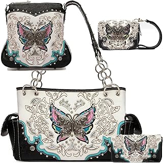 Western Style Spring Butterfly Flower Purse Women Country Handbag Rhinestone Stud Shoulder Bag Wallet Set