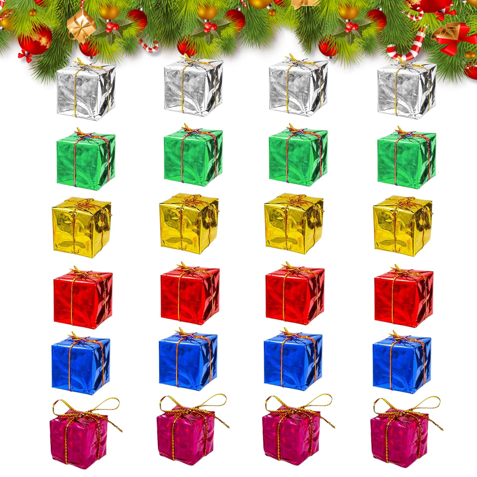 24 Pcs Mini Colorful Gift Box Ornaments 2.5cm/0.98inch Mini Foil Wrapped Gift Boxes Pendant Christmas Tree Small Boxes Hanging Decorations Party Favors for Xmas Trees Wreath Garland Wall Windows Door