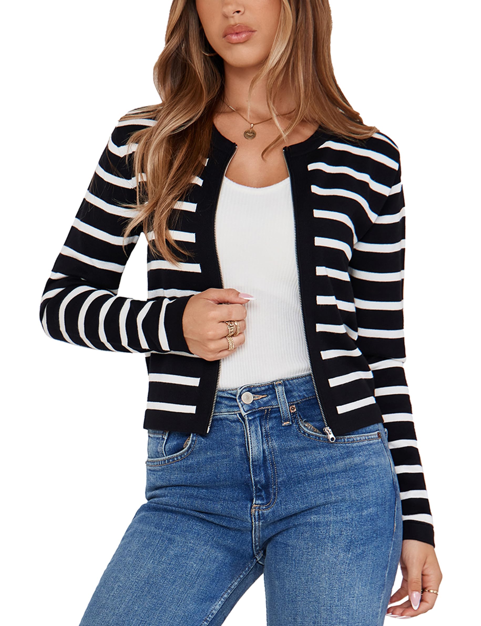 Totatuit Womens Long Sleeve Knitted Zip-Up Cardigan Sweaters Lightweight Crew Neck Cropped Shrug Fall Sweatshirts Jacket