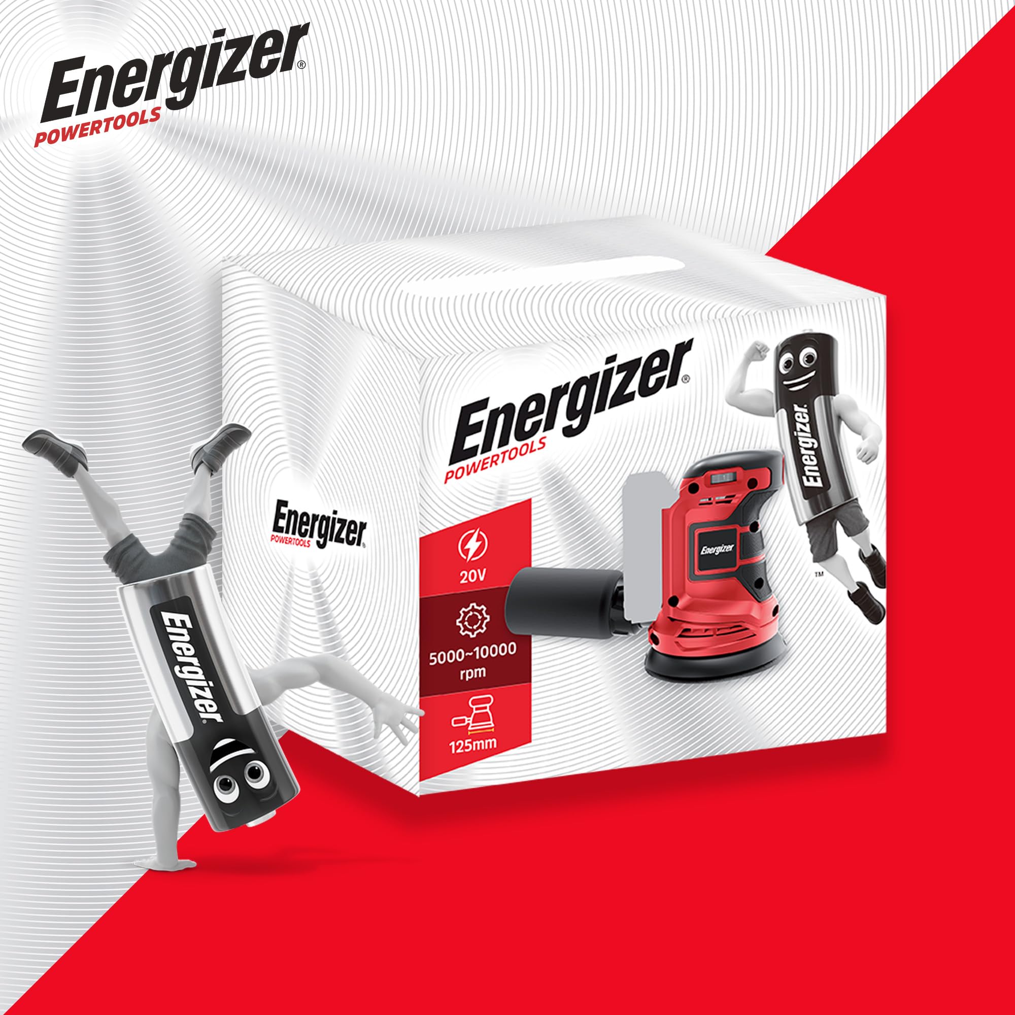 Energizer – Ponceuse Circulaire Sans Fil 20V, 10 000 tr/min, 6 Vitesses Réglables – Plateau 125 mm Auto-Agrippant, Sac Collecteur, 10 Disques Inclus – Inclus 2 Batteries 20V 2AH + Chargeur Rapide