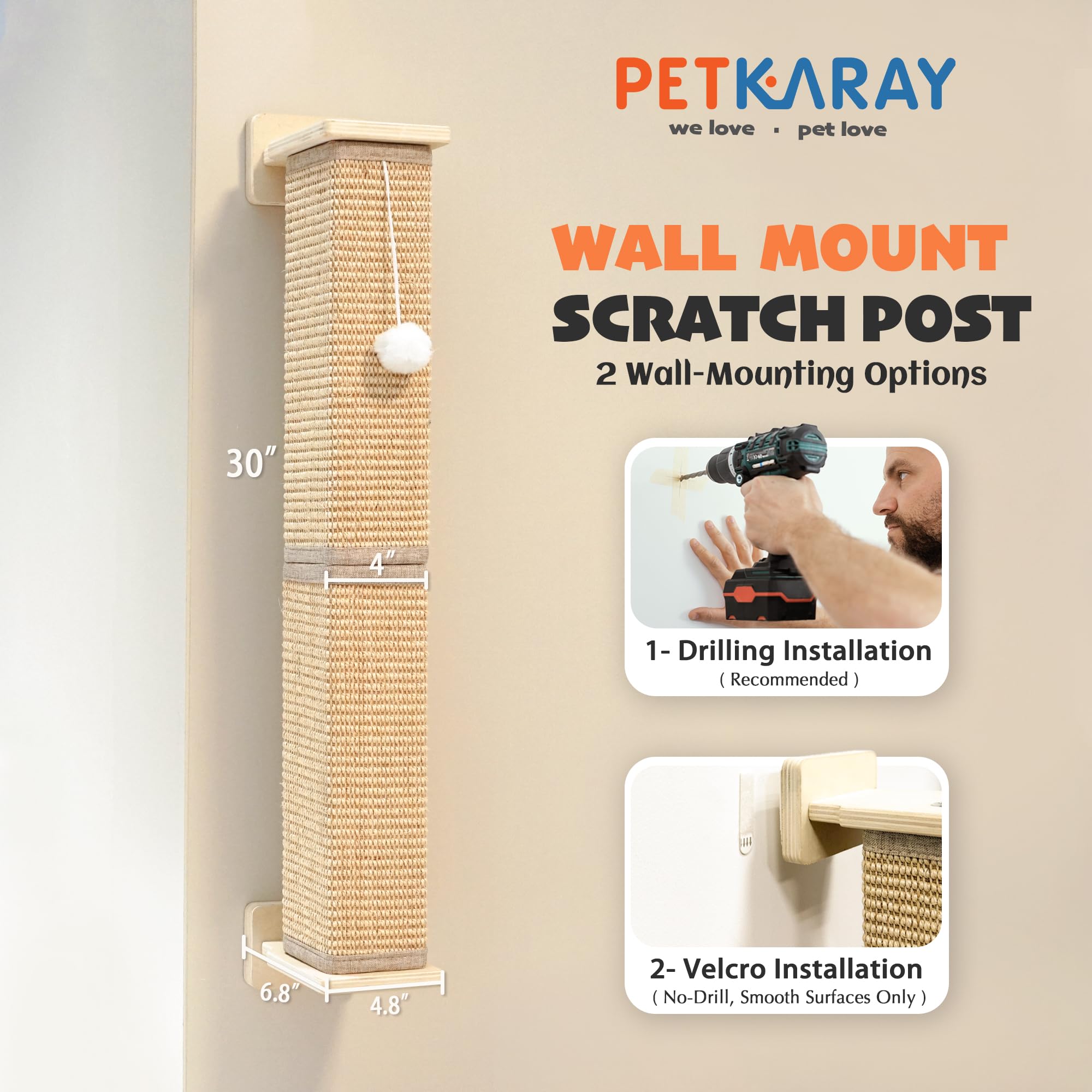 PETKARAY Poste rascador montado en la pared, poste rascador de sisal de 30 pulgadas para gatos de interior, rascador cuadrado para gatos con bola de juguete, almohadilla grande para rascar sisal