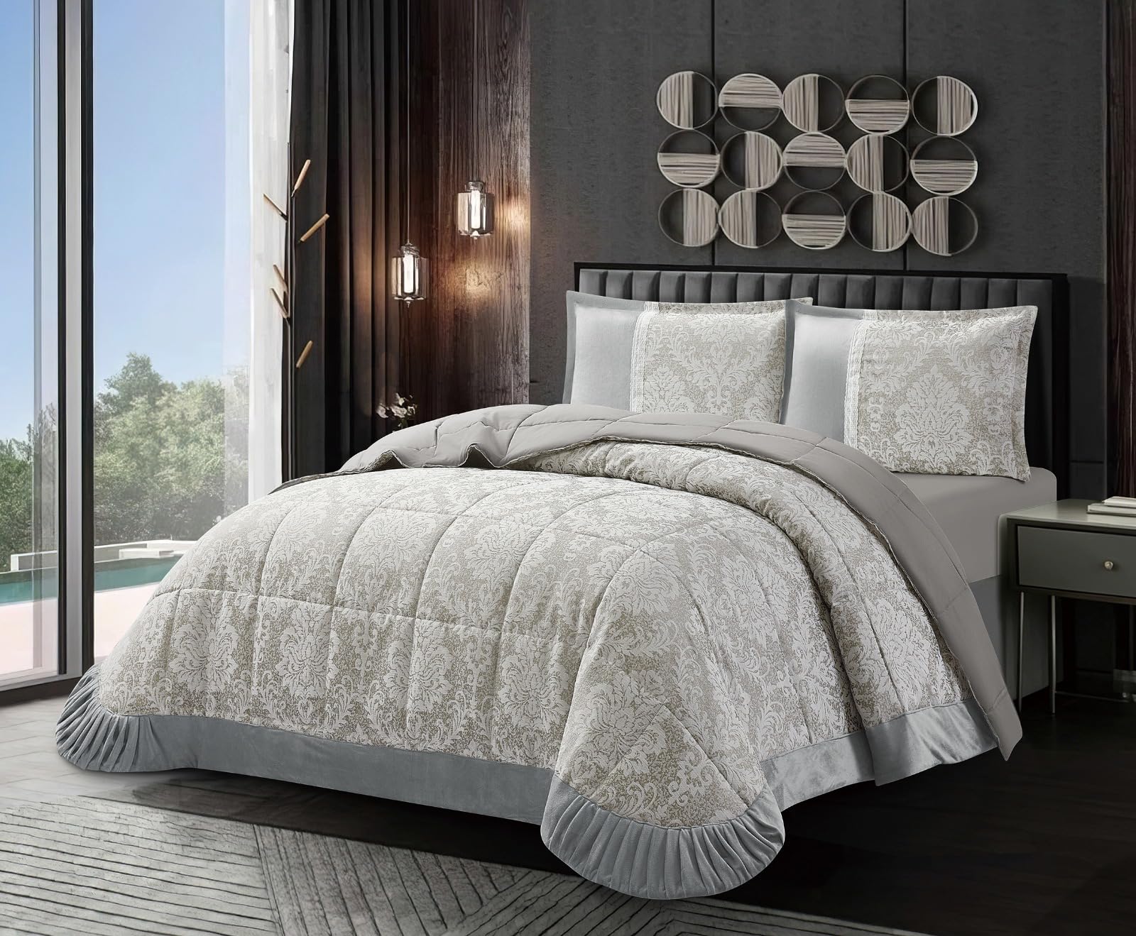 PRIME LINENS 3-Piece Velvet Jacquard Quilted Bedspread Set, Damask Pattern, Modern Style, Soft Brushed Microfiber, with 2 Pillow Shams (Silver/Grey, King)