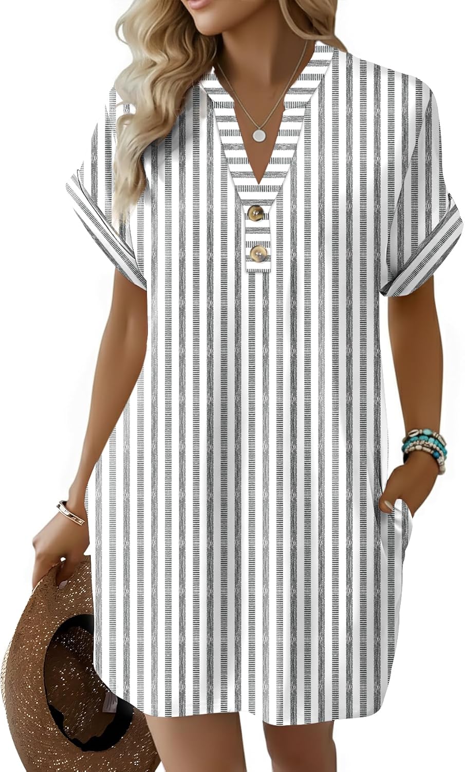 Summer Dresses for Women 2026 Button V Neck Striped T Shirts Dress Trendy Basic Outfits