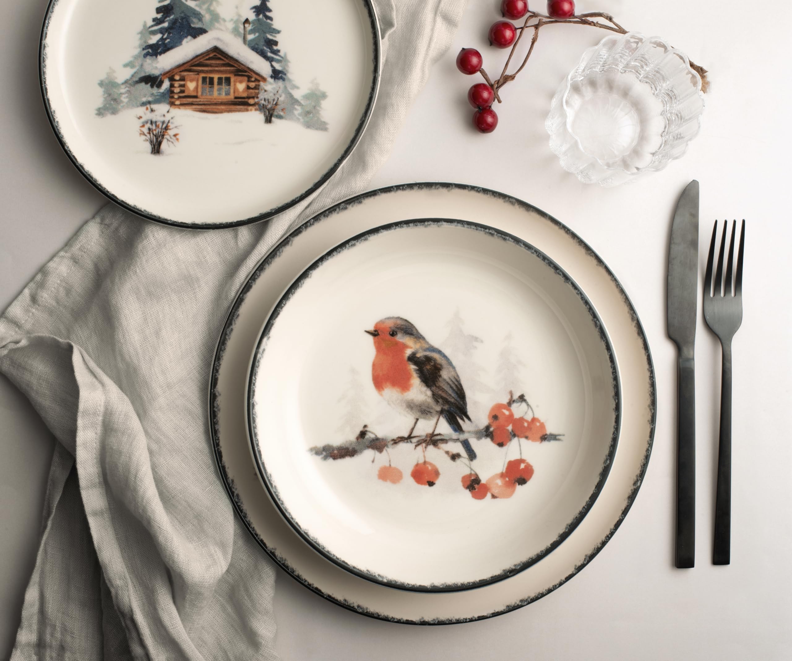 H&H, 18 pièces Frosty, service de table de Noël, décor robin, grès, lavable