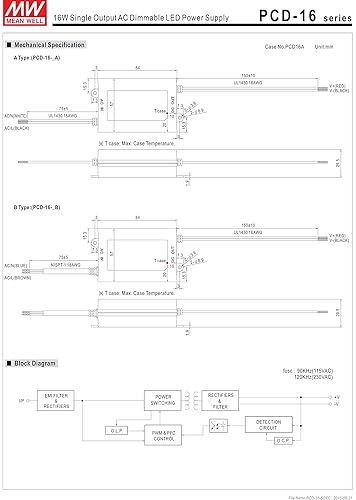 Miniatura 2 de MEAN WELL -PCD-16-350A Controlador LED Fuente de alimentación conmutada cerrada 24 a 48 voltios 0.35 amperios 16.8 vatios Rango de atenuación de
