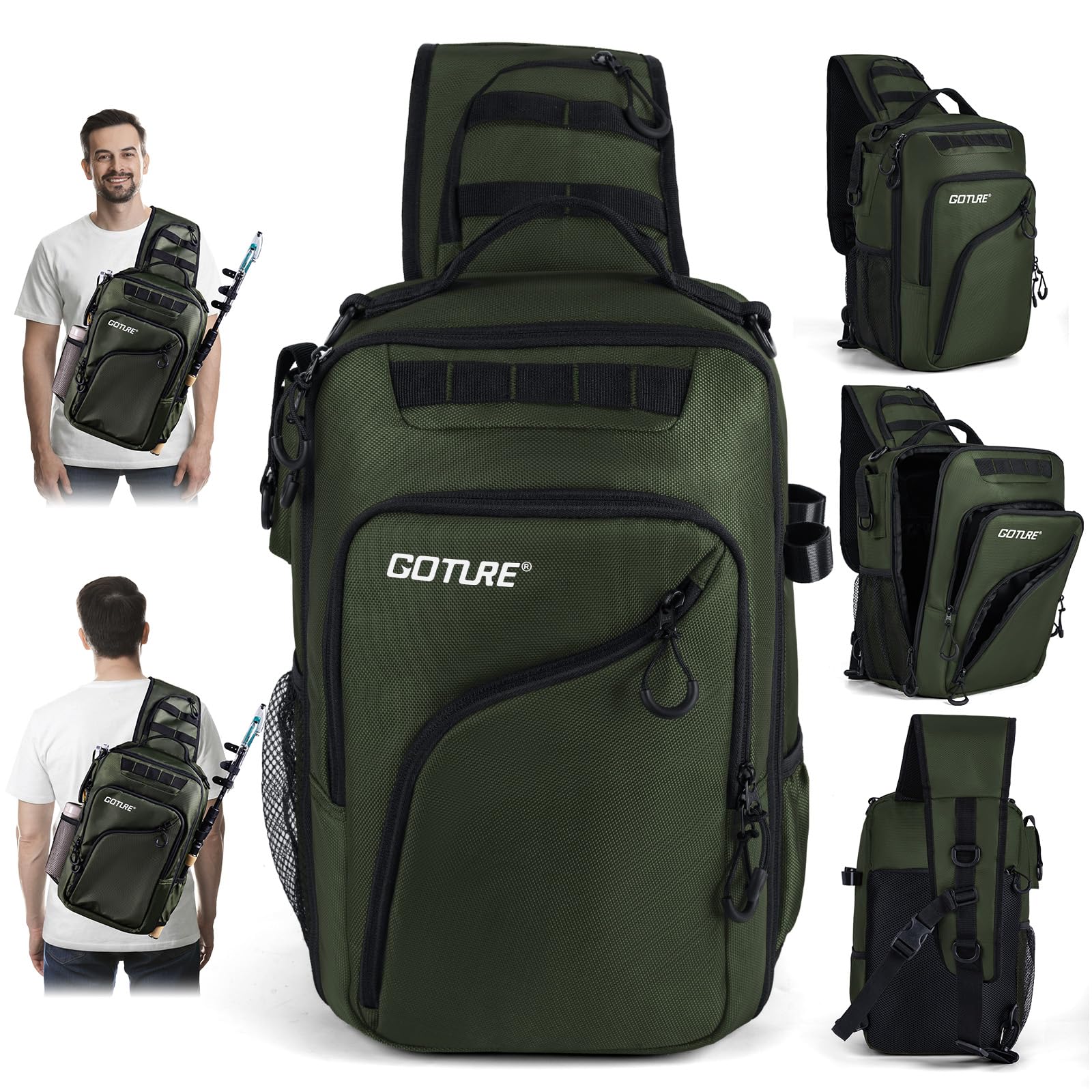 Goture Angelrucksack Umhängetasche mit 3 Köderboxen, wasserabweisend | Gepolsterte Schultergurten, rutschfester Boden, verstellbarer Angelrutengurt – ideal für Angel- und Outdoor-Ausflüge