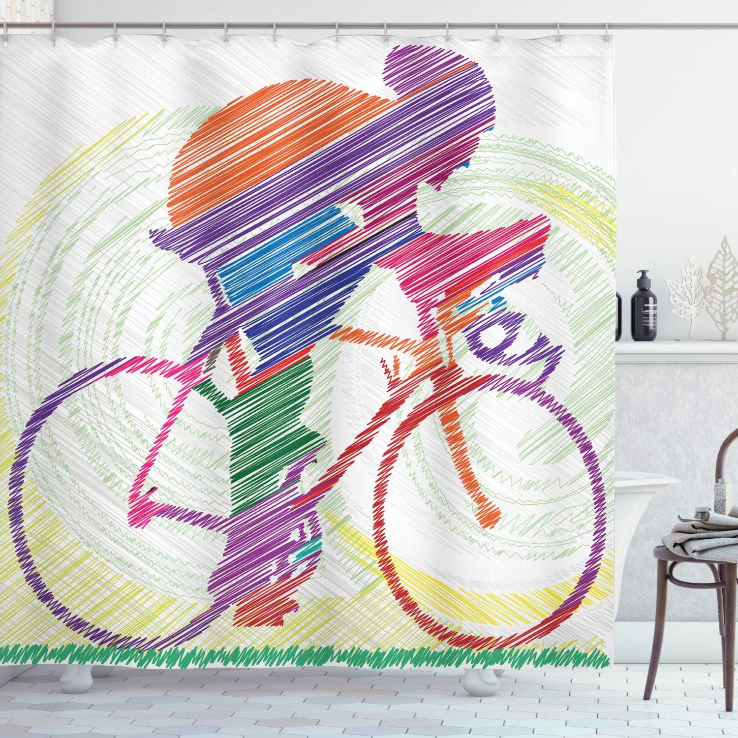 Ambesonne Modern Shower Curtain, Sketch Hand Drawn Image of a Cycling Man on Bike Sun Grass Art Print, Cloth Fabric Bathroom Decor Set with Hooks, 69" W x 70" L, Purple Dark Pink Burgundy