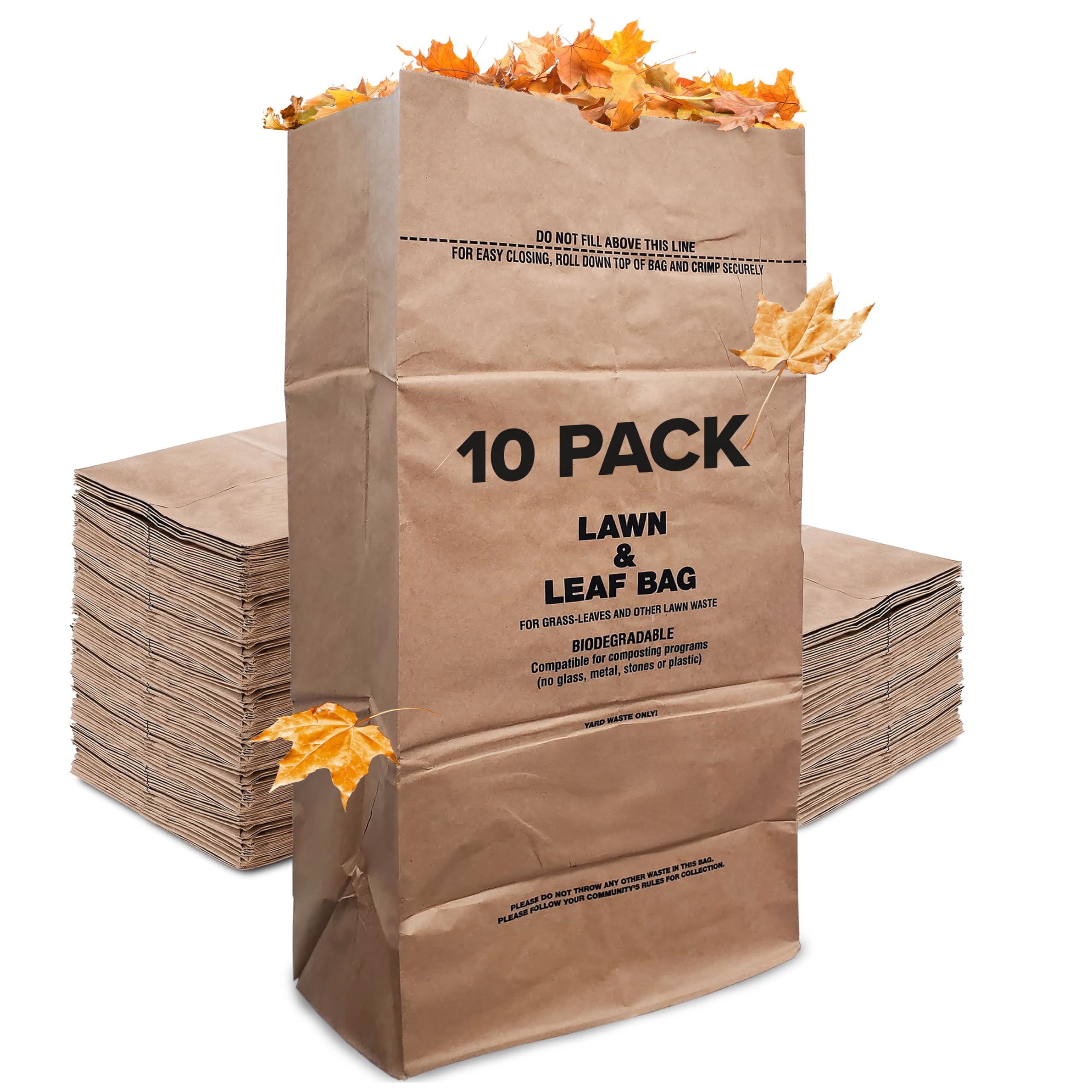 30 Gallon Kraft Lawn and Leaf Bags (10 Pack) Eco-Friendly Heavy Duty Large Paper Trash Bags, Tear Resistant Yard Waste Bags for Grass Clippings, Wet and Dry Leaves, Weeds, and Twigs -