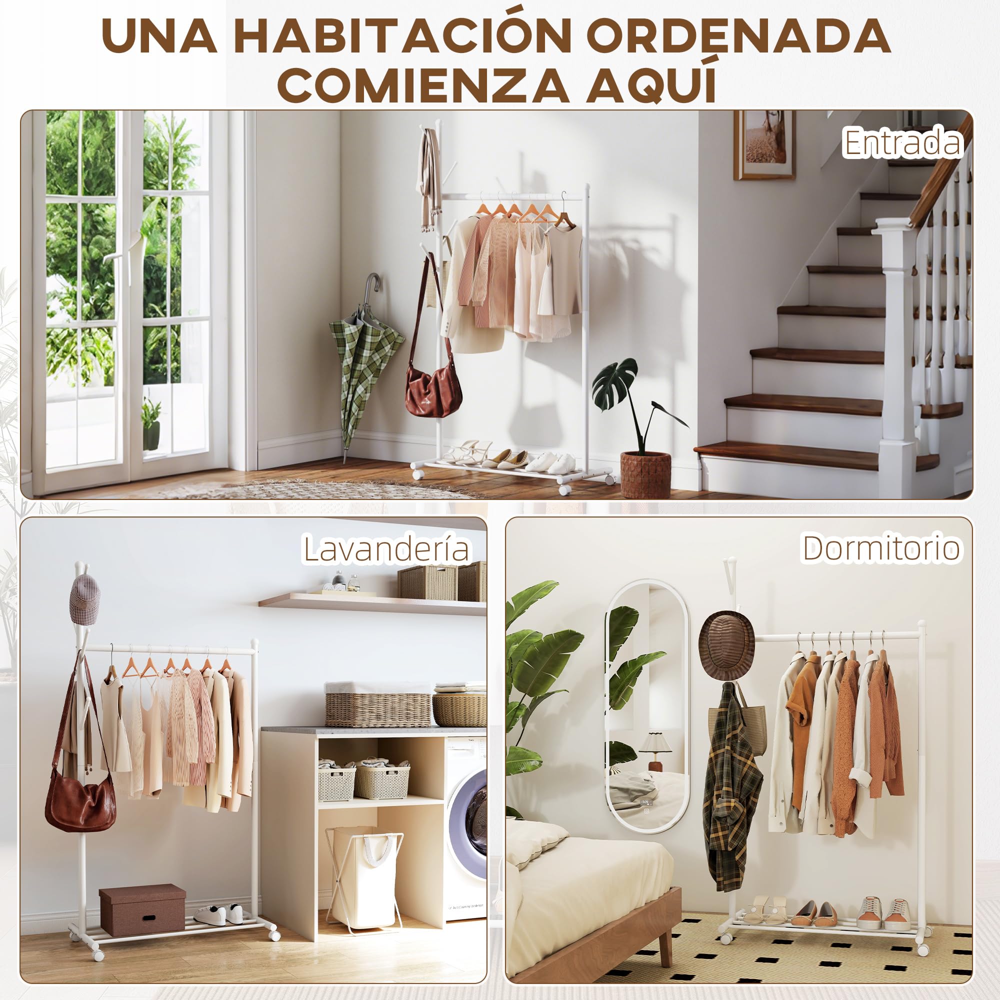 HOMCOM Burro Ropa con Ruedas, Perchero Burro Ropa con 5 Ganchos Barra para Colgar y Balda Inferior Perchero para Recibidor, Entrada, Dormitorio, 86x43x171 cm, Blanco