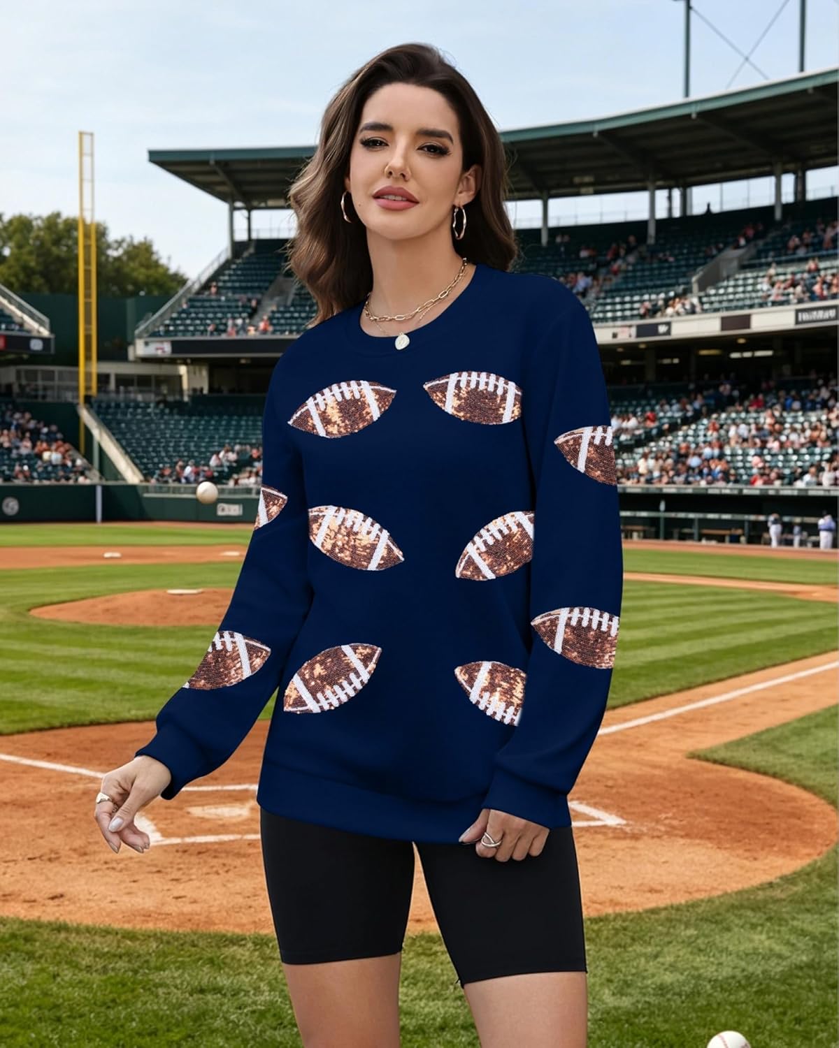 MOUSYA Womens Sequin Football Sweatshirt Game Day Long Sleeve Shirt Sunday Funday Pullover Casual Crewneck Tops