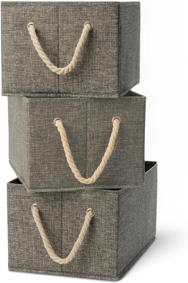 Foldable Storage Bins with Rope Handles, Closet Organizers, Storage Baskets for Organizing, Large, Charcoal, 3-Pack