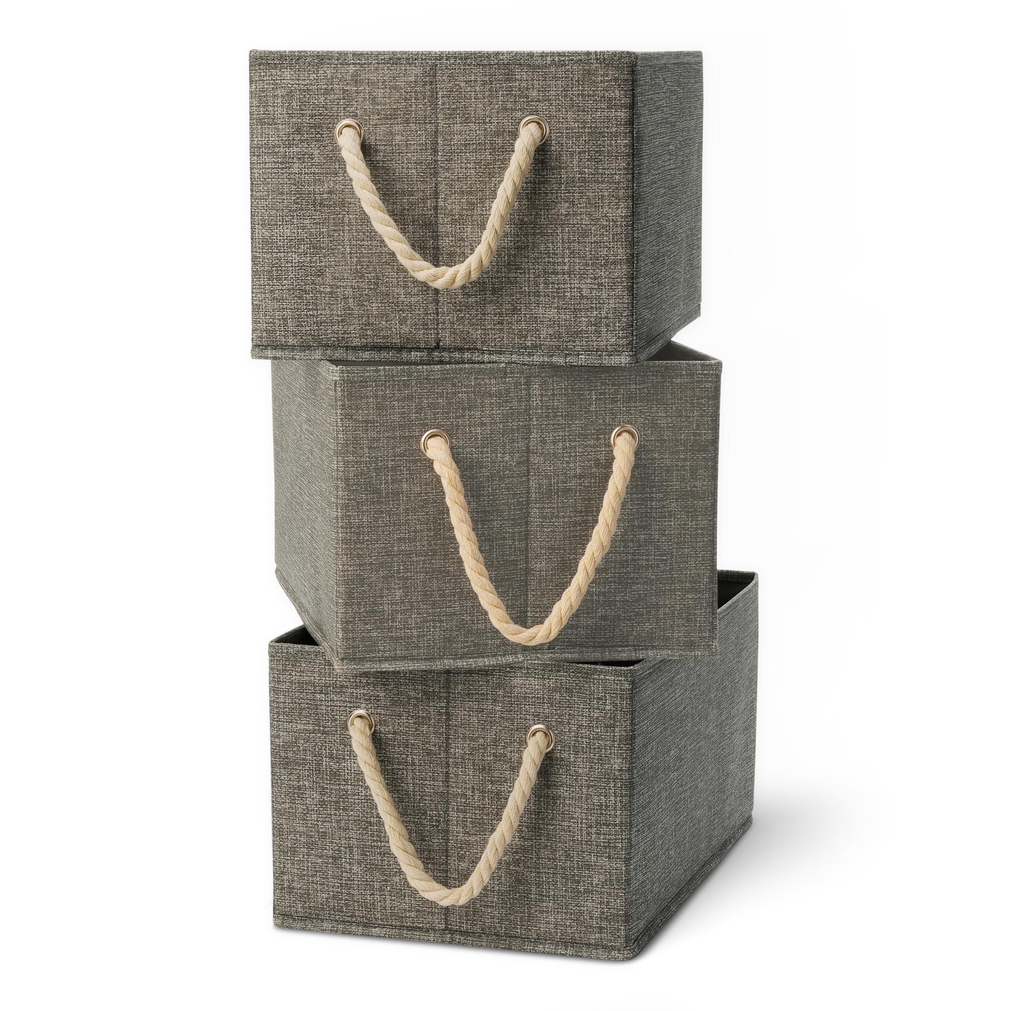 Amazon Basics Foldable Storage Bins with Rope Handles, Charcoal, Large, Pack of 3