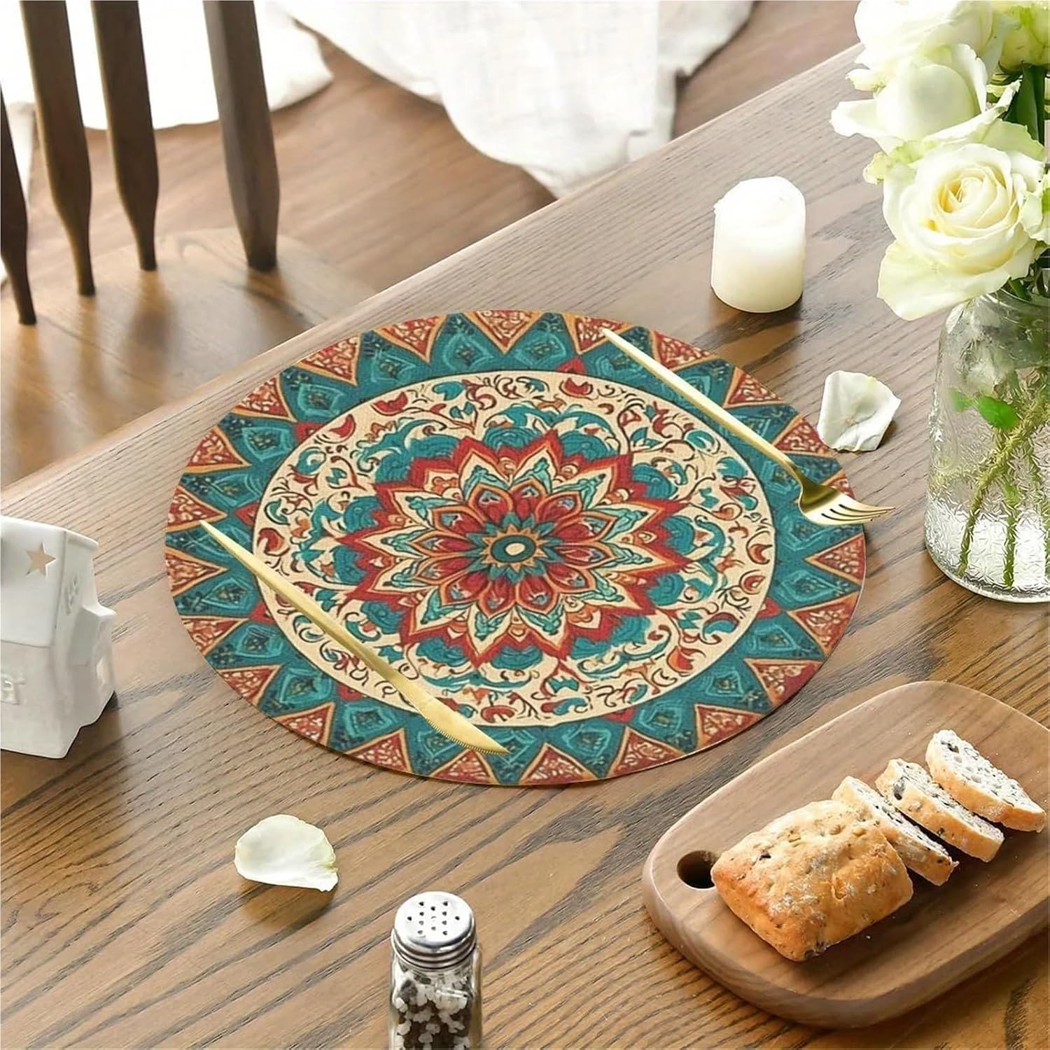 4PC Exotic Mandala Placemats with Intricate Patterns in Red and Blue for Restaurants Cafes, and Home Decor