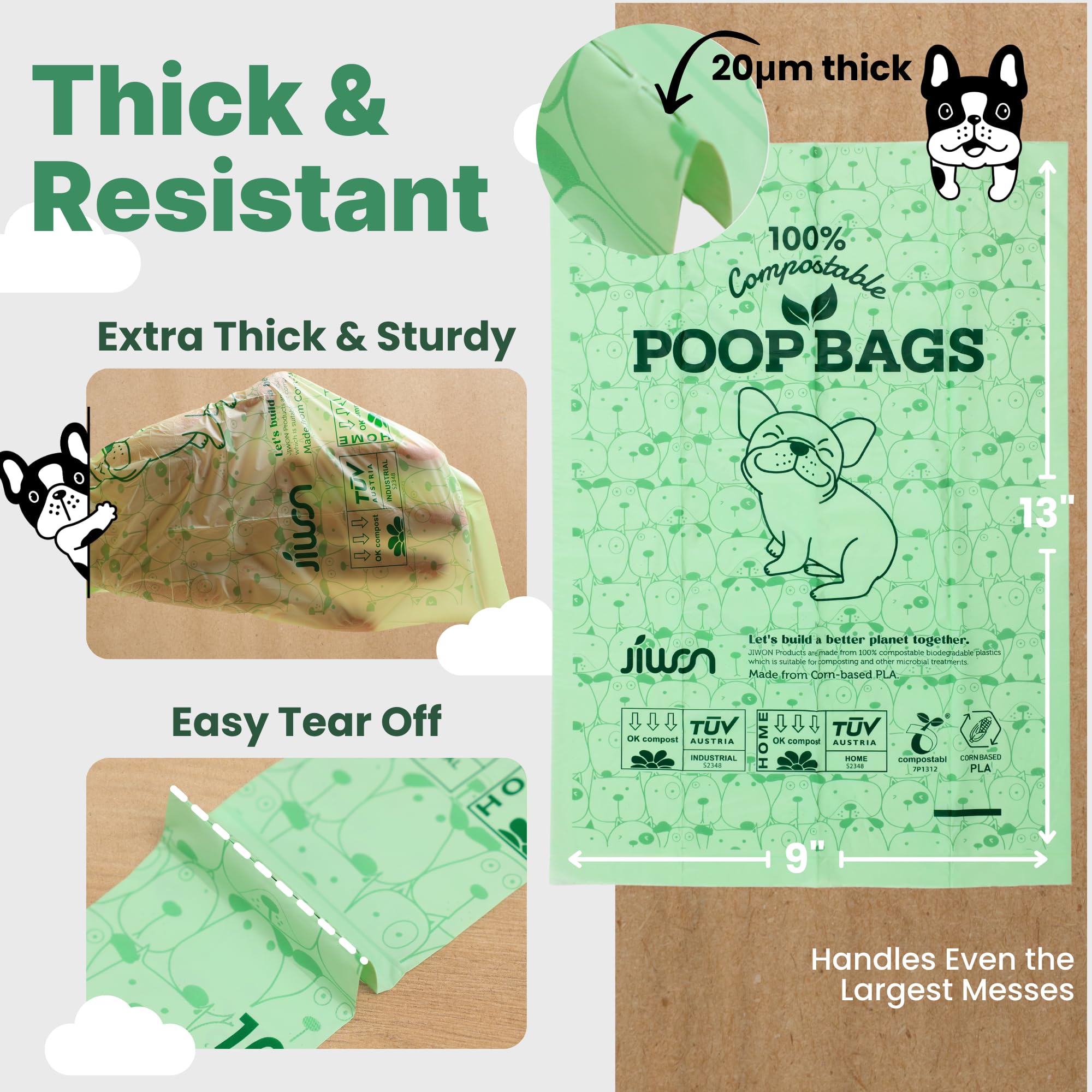 JIWON Bolsas para excrementos de perro 100 % compostables, 240 bolsas, 16 rollos, 9 x 13 pulgadas, estándar ASTM D6400 y EN 13432, certificado OK para compost y plántulas, bolsas gruesas y a prueba de