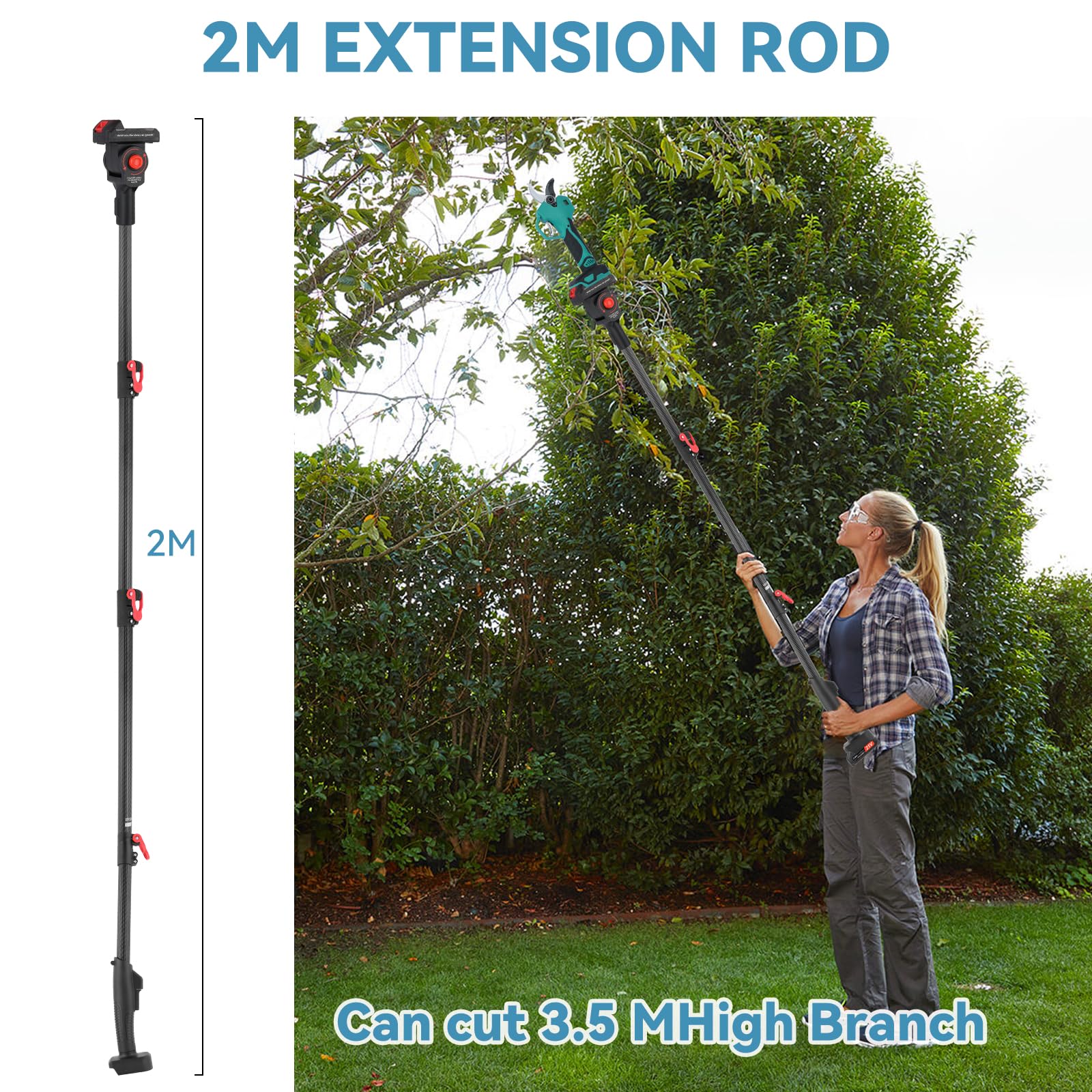 Sécateur Électrique Sans Fil 40 mm- 2M Perche Télescopique-Coupe Branche Électrique avec Écran,Secateur a Batterie 2×2000 mAh, 3 Réglages, pour la taille, le jardinage, les vergers