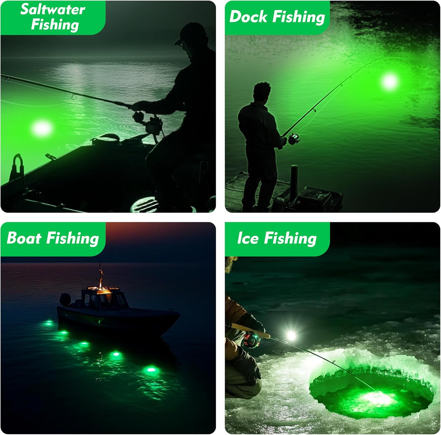 Green Blob Outdoors Rechargeable Underwater Fishing Light 10000mAh, IP68 Waterproof, 4.5 Hours Runtime, Fish Attractor for Snook, Bass, Crappie, Striper, Baitfish, Catfish for Docks and Boats