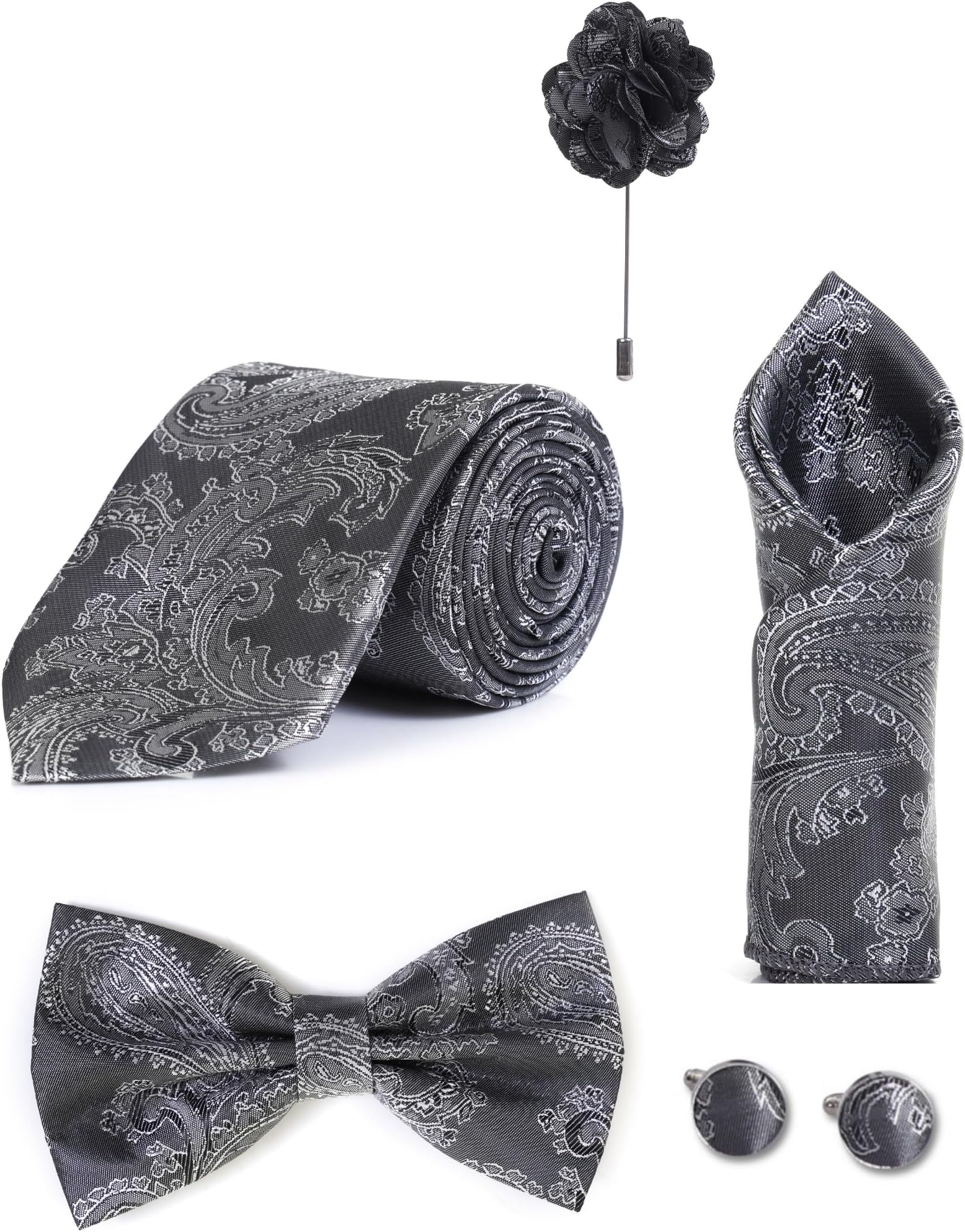 Random Stripe Necktie Set With Bow Tie Pocket Square Lapel Flowar & Lapel Brooch & Cufflink Pair & TiePin (Three Type Combo Box)
