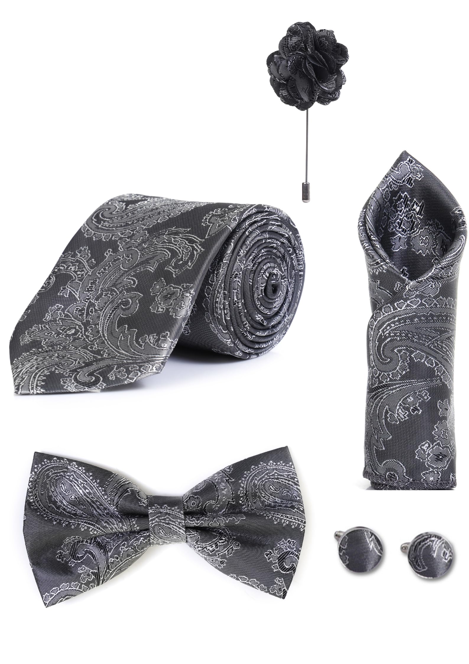 Random Stripe Necktie Set With Bow Tie Pocket Square Lapel Flowar & Lapel Brooch & Cufflink Pair & TiePin (Three Type Combo Box)