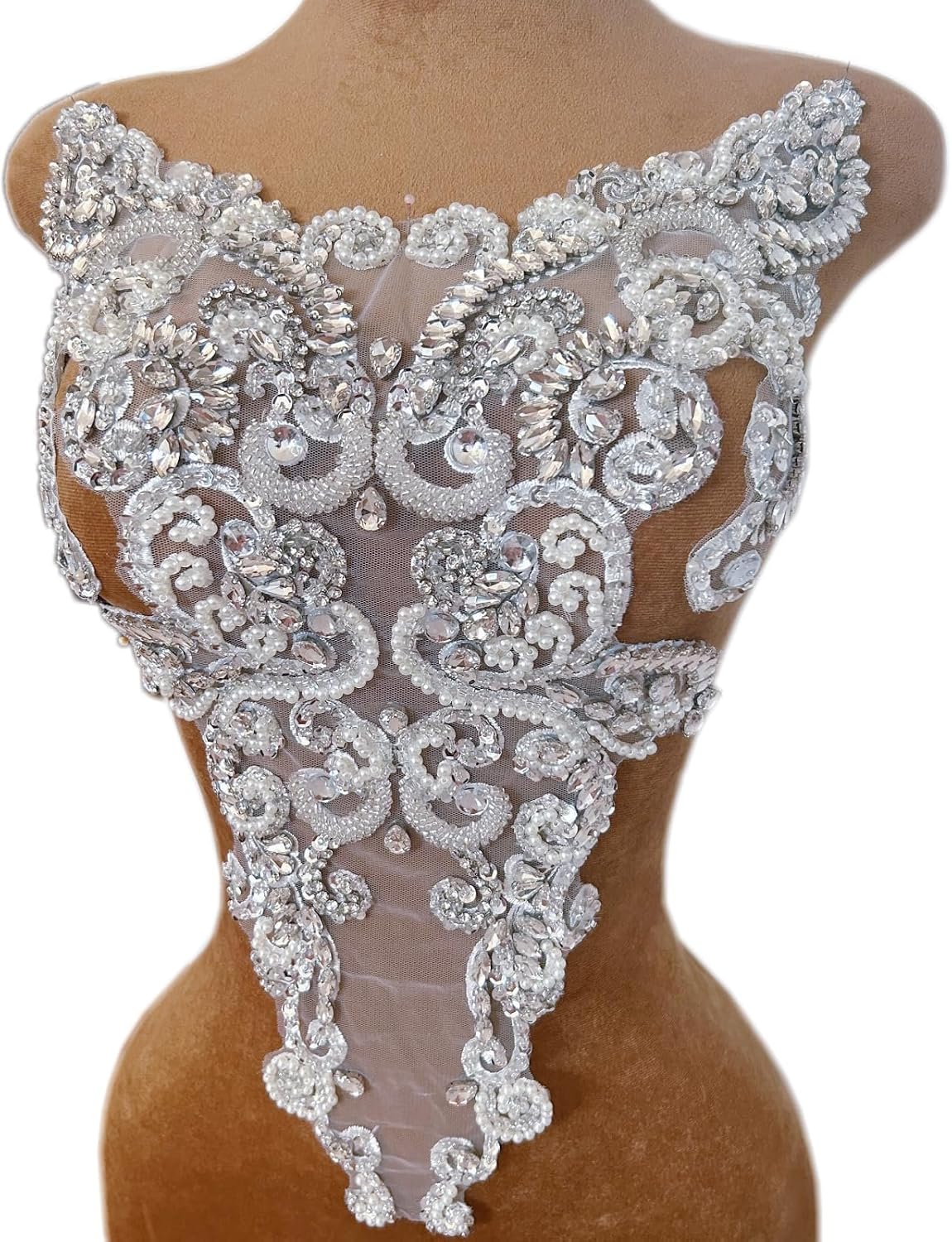 Hand Sewing Rhinestones Appliques Prom Costumes Lace Patches DIY Bodice Chest Decoration Ornament with Glass Acrylic Crystals Rhinestones for Sew on Wedding Dress Elegant Clothes (Silver White)