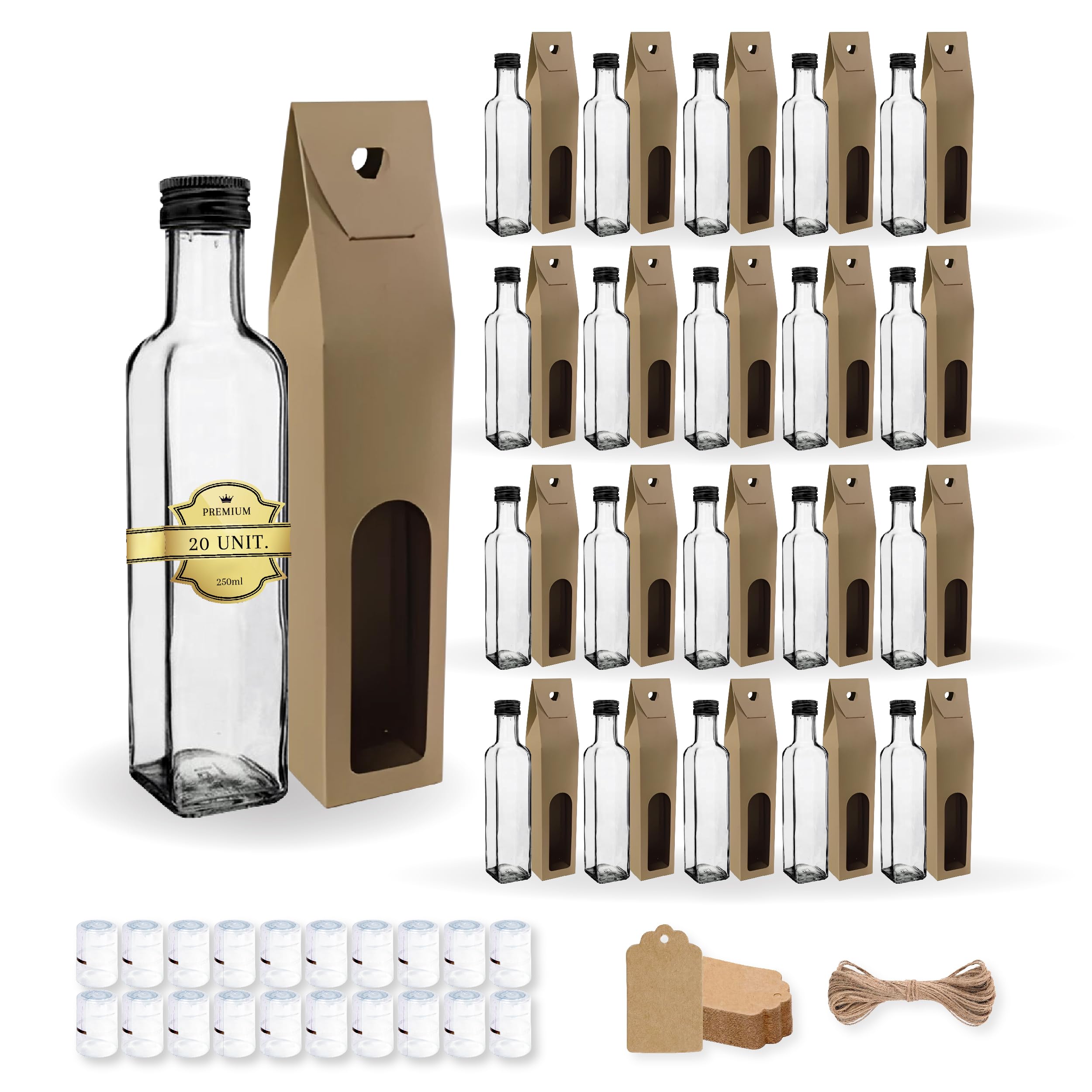 Espirito Rebelde 20 Bottiglie in Vetro 250ml con Tappo a Vite Nero + 20 Scatole + 20 Sigilli + 20 Etichette Kraft + Corda | Olio d'Oliva, Aceto, Alcool, Salse | Oliera in Vetro