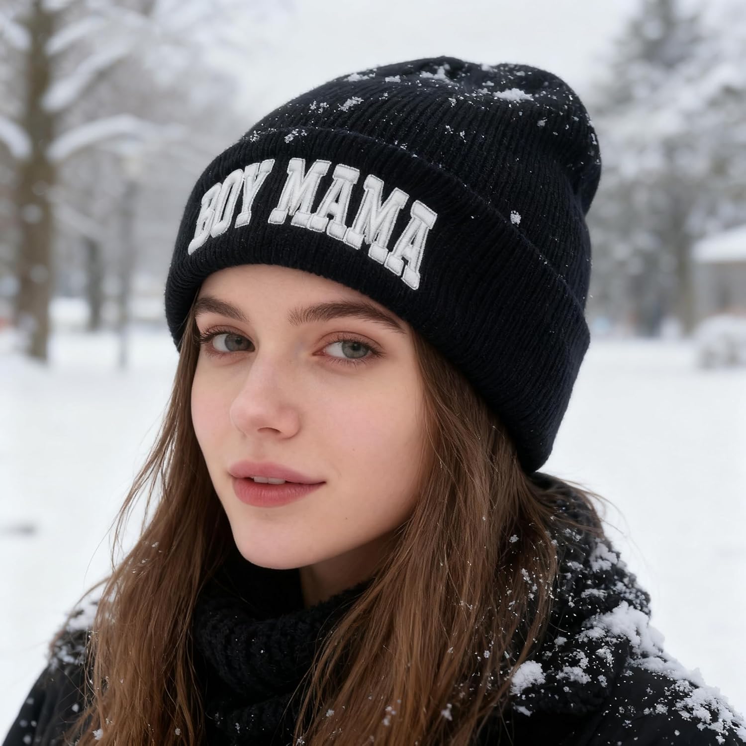Boy Mama for Women,Mama Cuffed Thick Knitted Unisex Winter Hat Beanies Skull Cap Black - Image 6