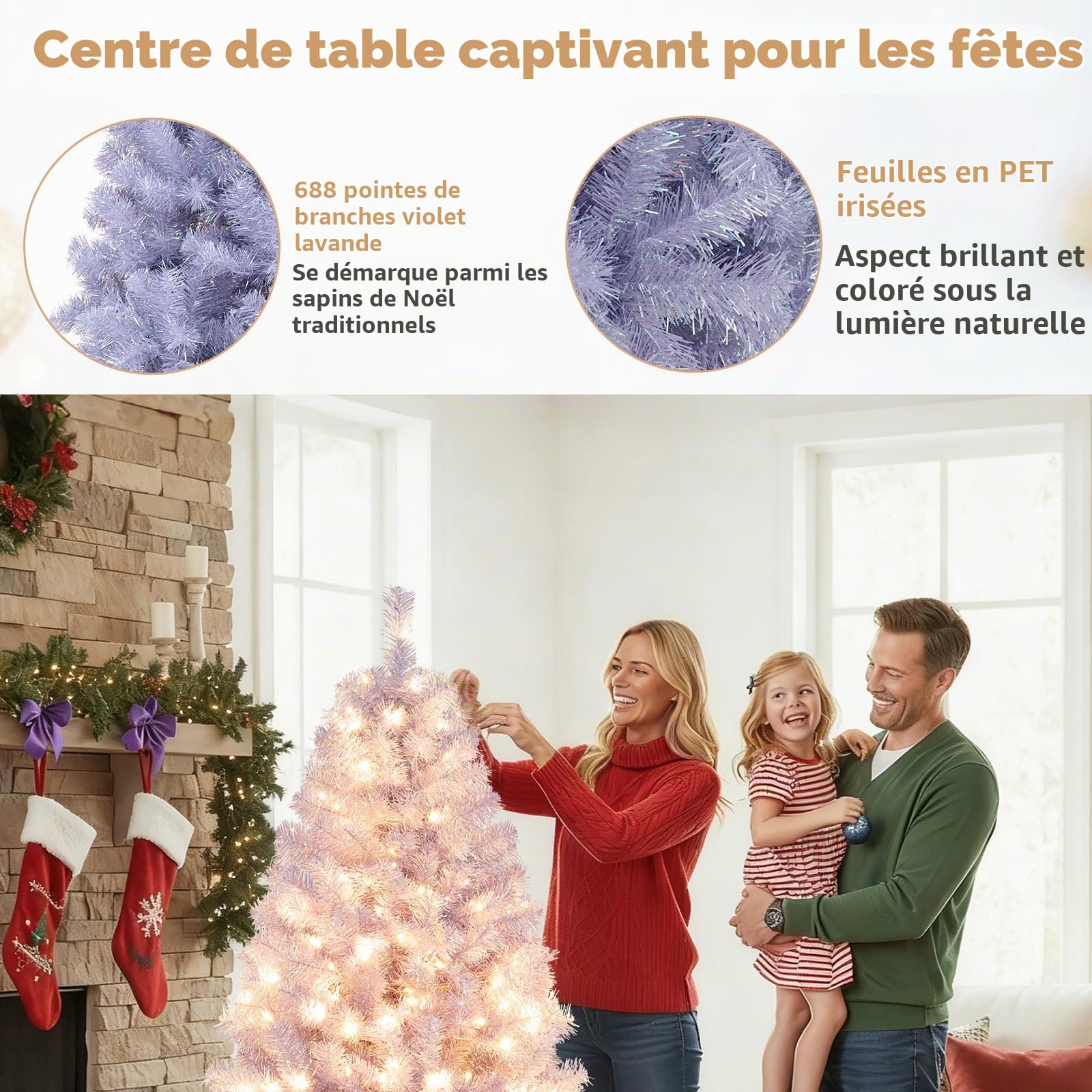 GYMAX Sapin de Noël Artificiel 180cm Violet Lumineux LED avec 250 Lumières Blanc Chaud, 8 Modes d'Éclairage, 688 Branches à à Sequins, Décoration de Fête pour Domicile, Bureau