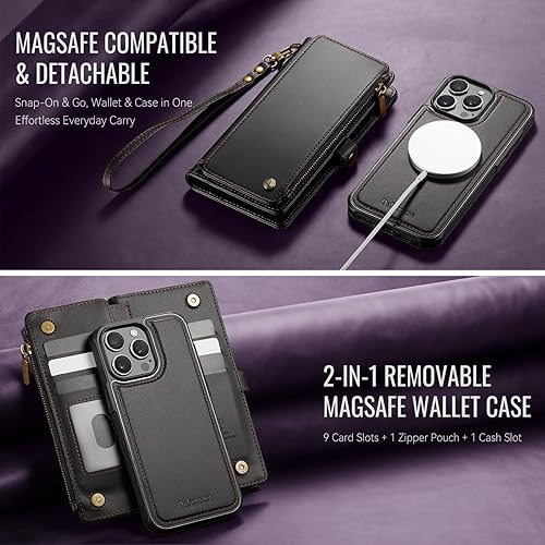 Miniatura 9 de Defencase Funda magnética para iPhone 13 Pro compatible con Magsafe con bloqueo RFID, correa de cremallera y tarjetero para mujer, funda de piel