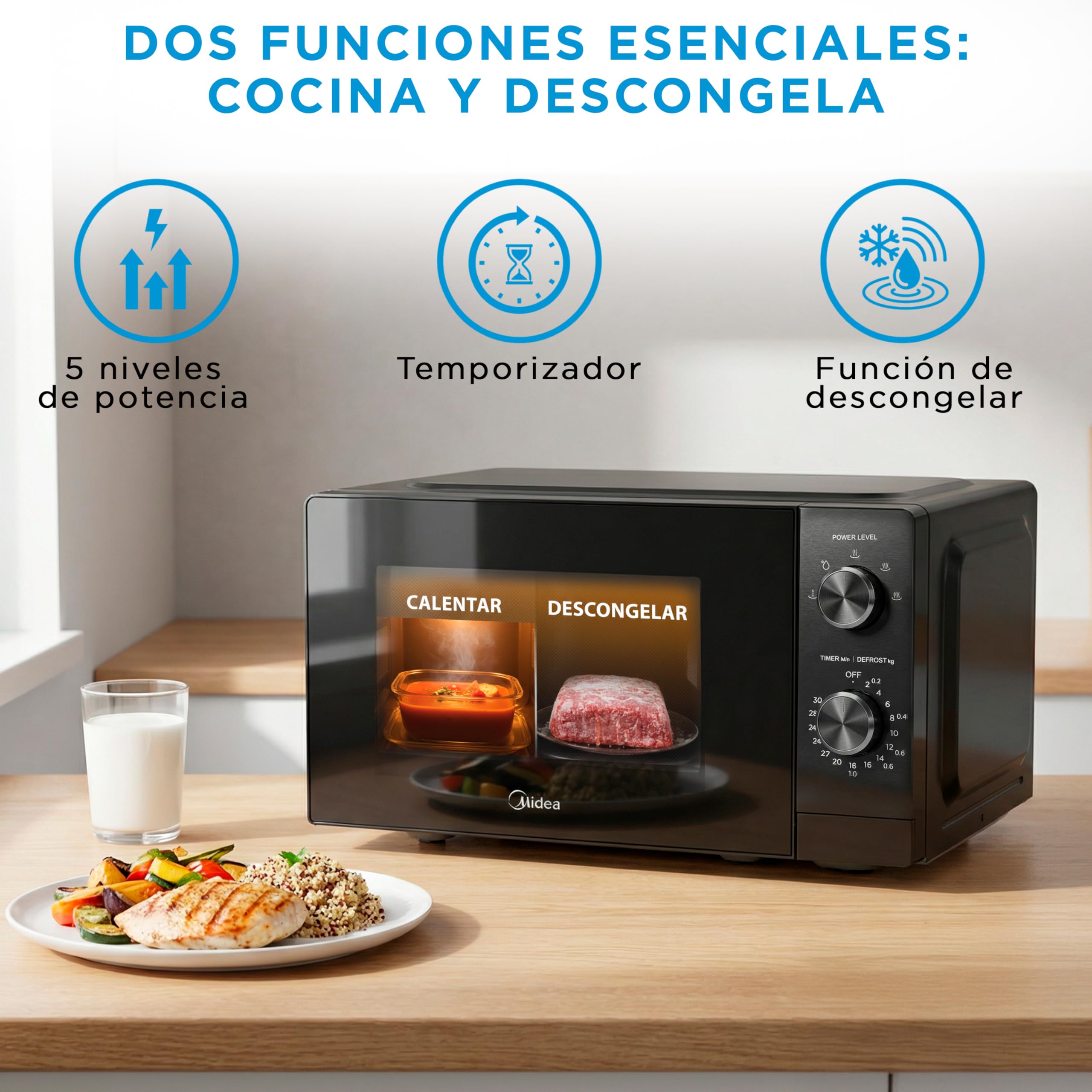 Midea Micro-ondes 20 litres et 700 W de puissance | Four à micro-ondes noir de table avec plaque tournante, fonction de décongélation, 5 niveaux de puissance | Micro-ondes avec minuterie