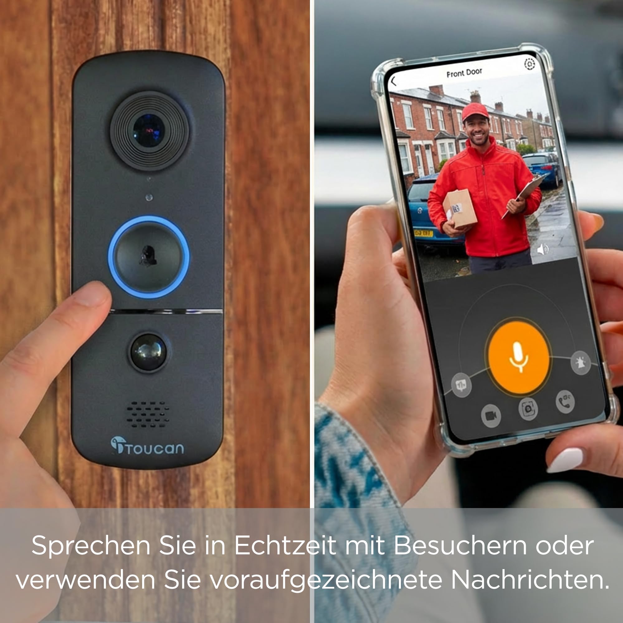 Toucan V3 Kabellose Video-Türklingel inkl. Gong – 1080p Sicherheitskamera mit 180° Sichtfeld, Bewegungserkennung, 2-Wege-Audio, langlebigem Akku und kostenlosem Cloud-Speicher, kein ABO erforderlich