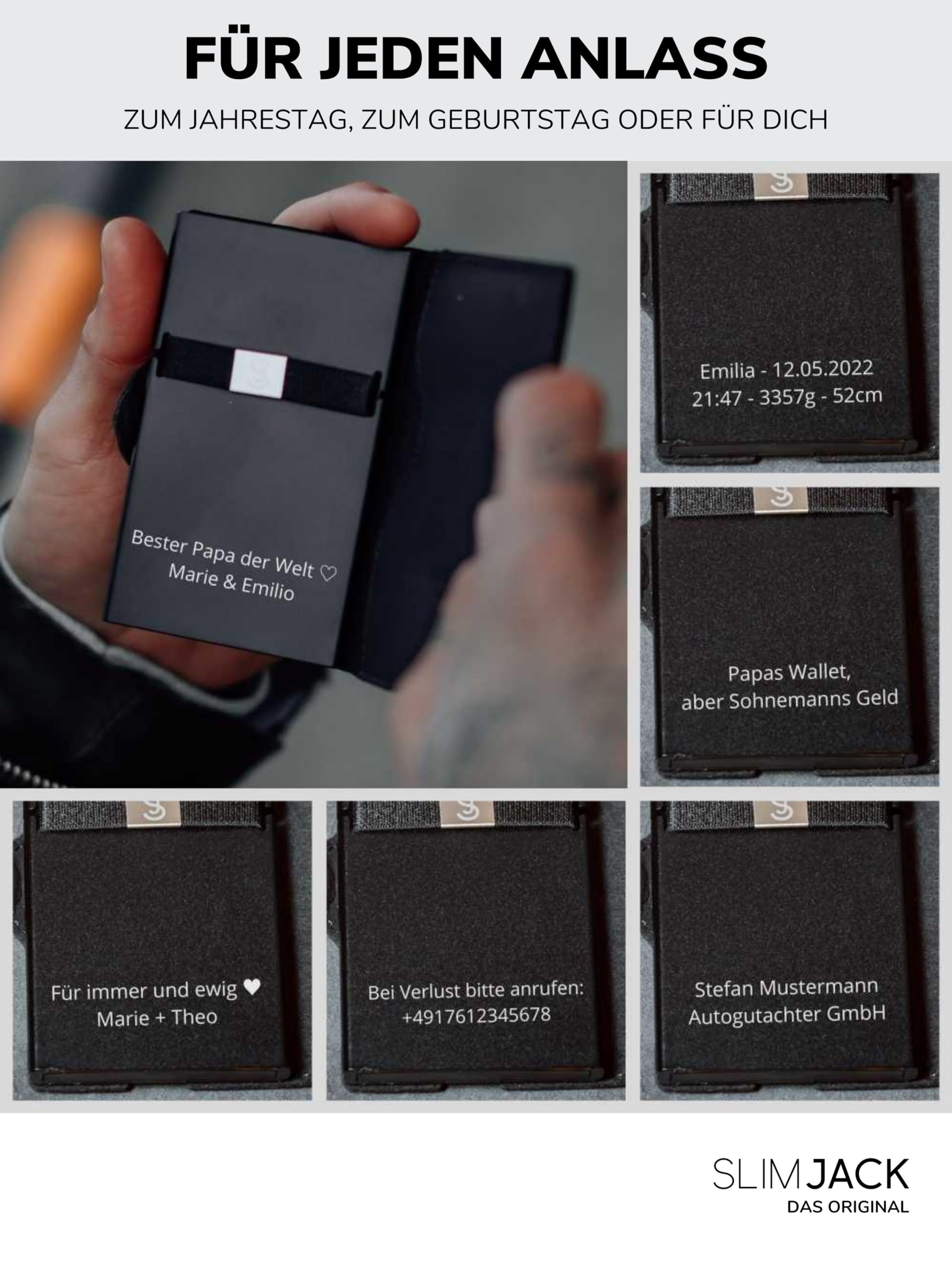 SLIMJACK Smart Wallet mit Gravur Wunschtext - Kreditkartenetui mit RFID-Schutz - Geldbeutel für Herren - Slim Wallet mit Münzfach - Smart Wallet für Karten & Münzen - Schwarz