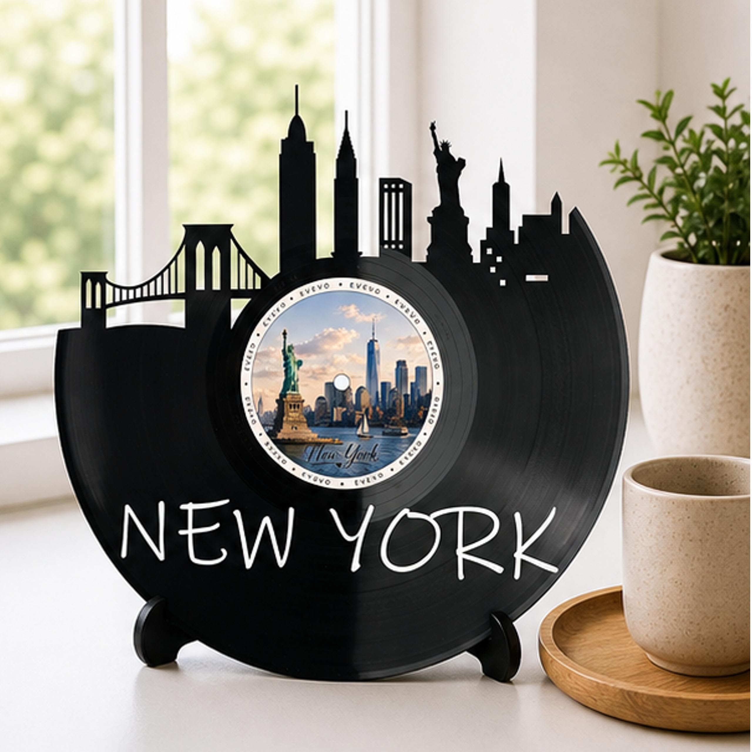 EVEVO D0031 - Decorazione da parete a forma di disco di New York, in vinile, motivo: skyline degli Stati Uniti, idea regalo per gli amanti di New York
