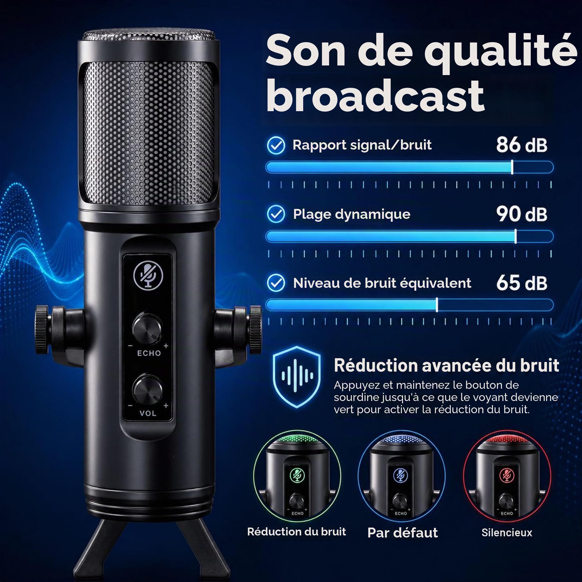Microphone Condensateur RGB USB PC PS4/PS5 avec Réduction du Bruit